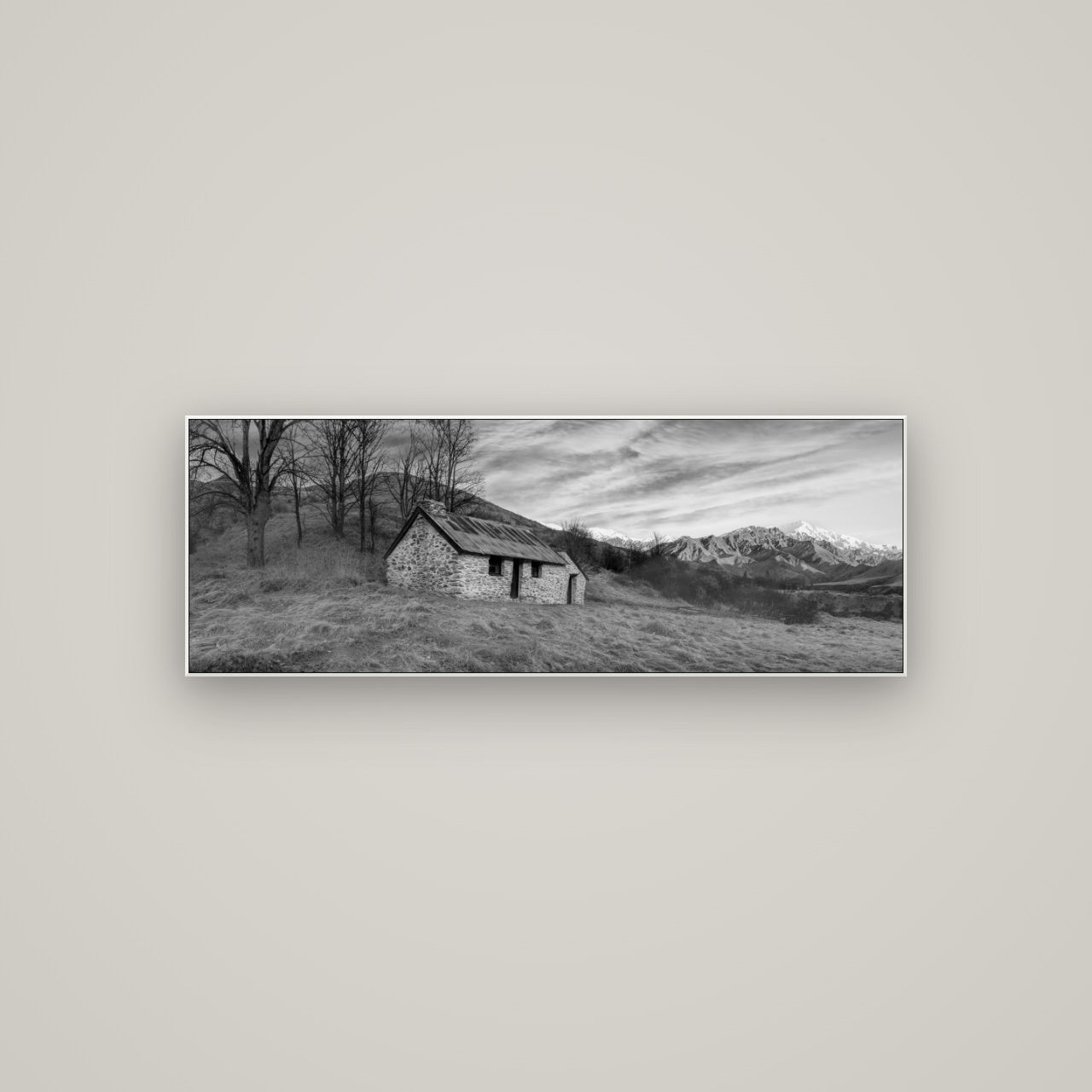 Legacy of the Goldseeker, Needham's Macetown Abode — ArtBox White, 113×40 cm. New Zealand fine art wall art by Stephen Milner.