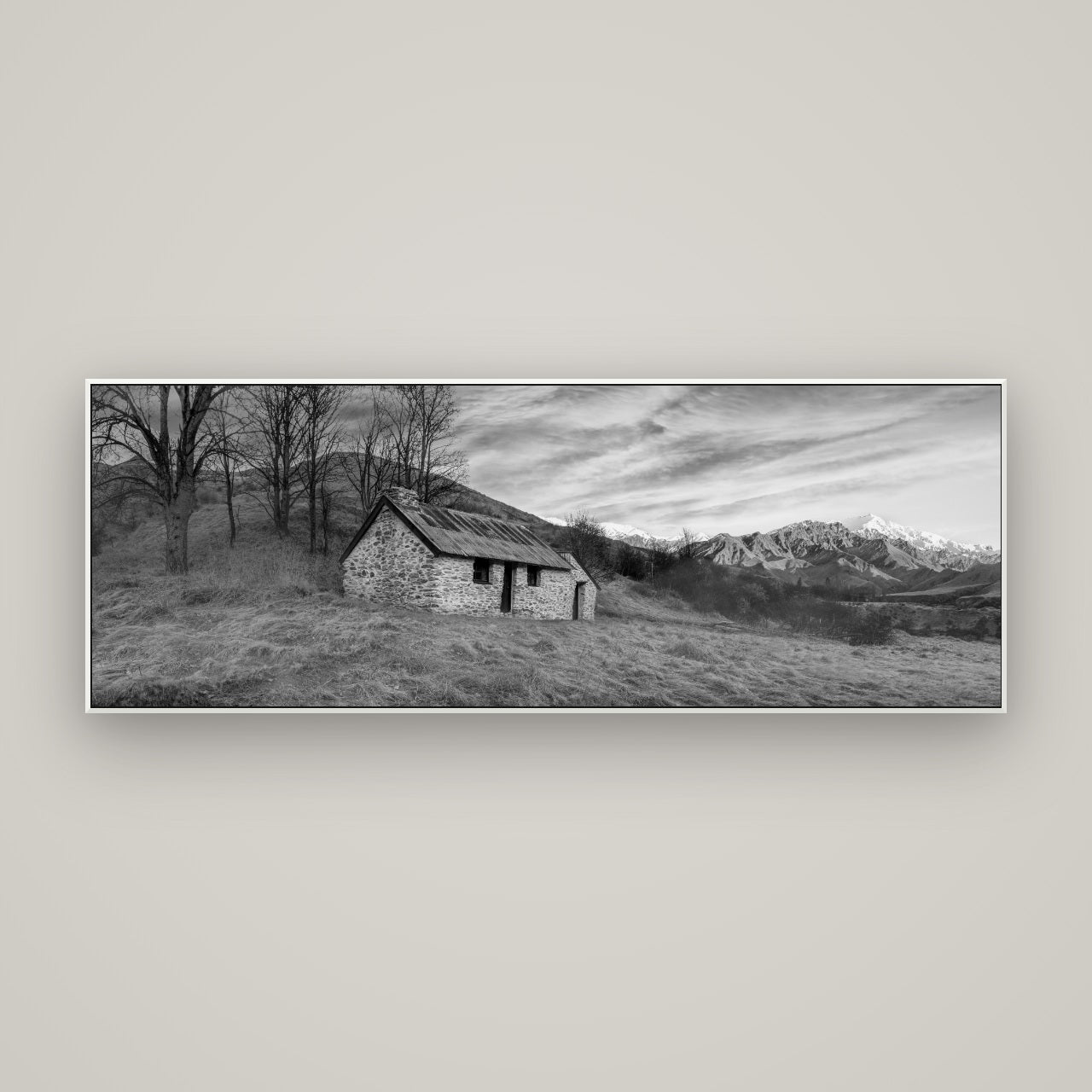 Legacy of the Goldseeker, Needham's Macetown Abode — ArtBox White, 170×60 cm. New Zealand fine art wall art by Stephen Milner.