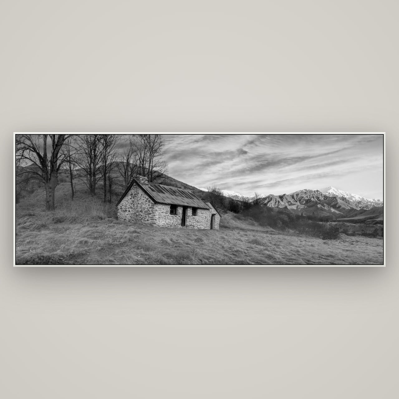 Legacy of the Goldseeker, Needham's Macetown Abode — ArtBox White, 198×70 cm. New Zealand fine art wall art by Stephen Milner.