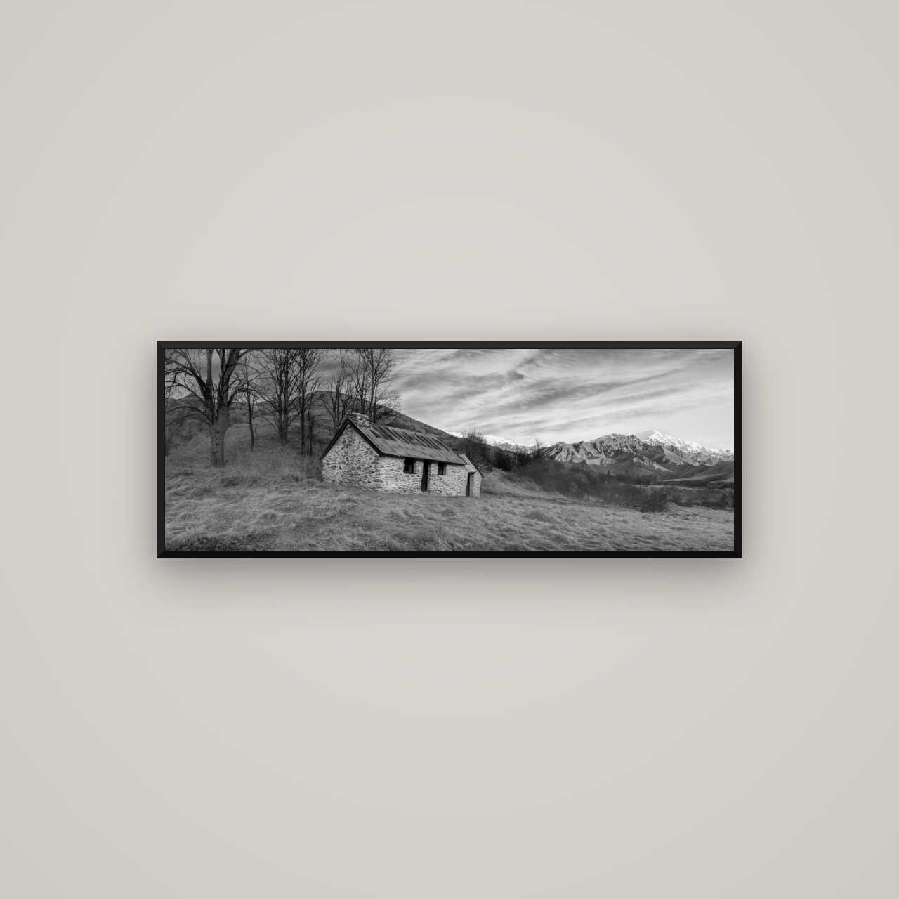 Legacy of the Goldseeker, Needham's Macetown Abode — Basel Black Matte, 113×40 cm. New Zealand fine art wall art by Stephen Milner.