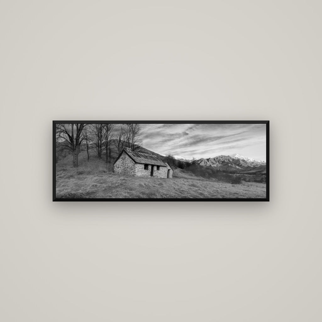 Legacy of the Goldseeker, Needham's Macetown Abode — Basel Black Matte, 113×40 cm. New Zealand fine art wall art by Stephen Milner.
