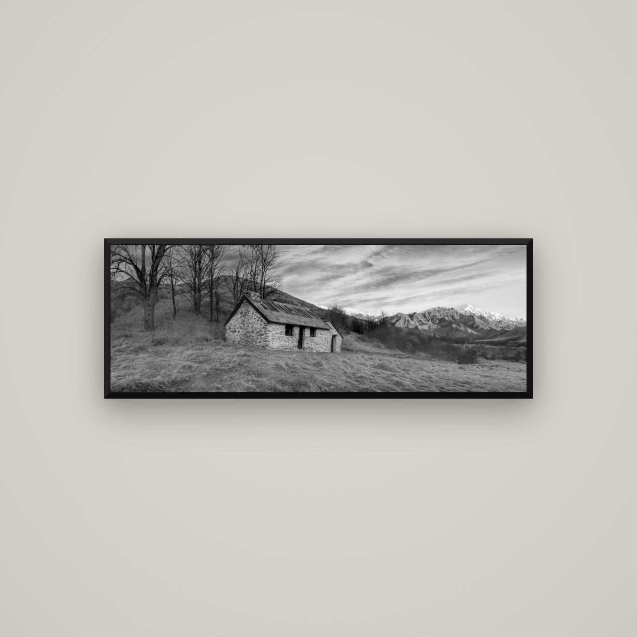 Legacy of the Goldseeker, Needham's Macetown Abode — Basel Black, 113×40 cm. New Zealand fine art wall art by Stephen Milner.