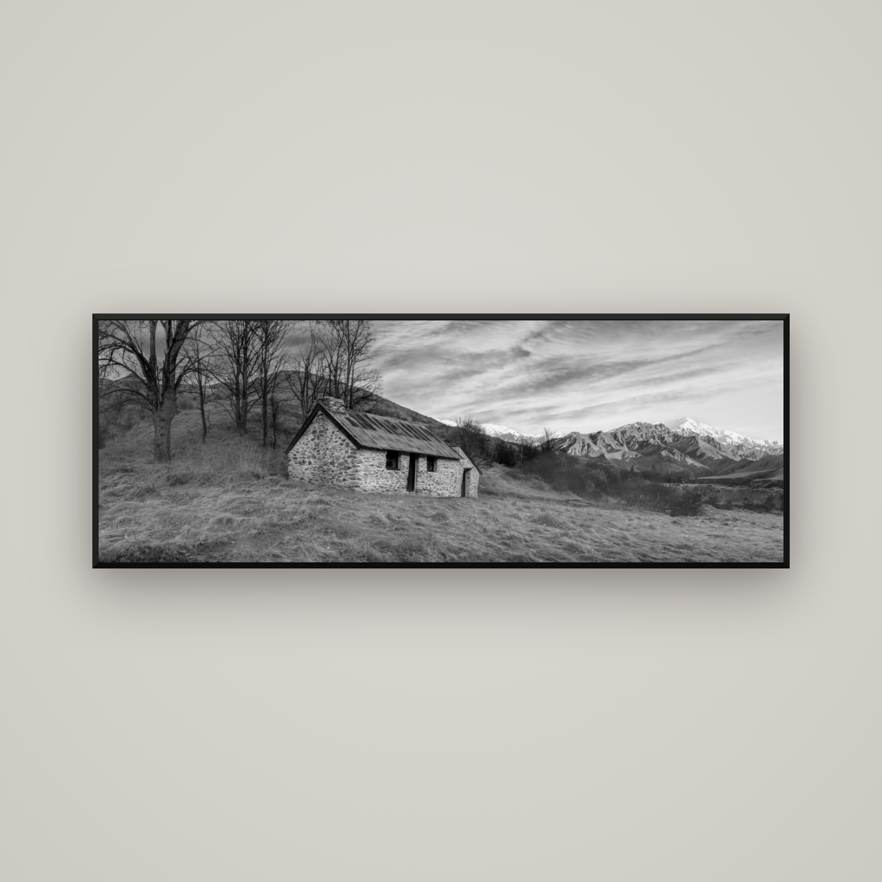 Legacy of the Goldseeker, Needham's Macetown Abode — Basel Black Matte, 170×60 cm. New Zealand fine art wall art by Stephen Milner.