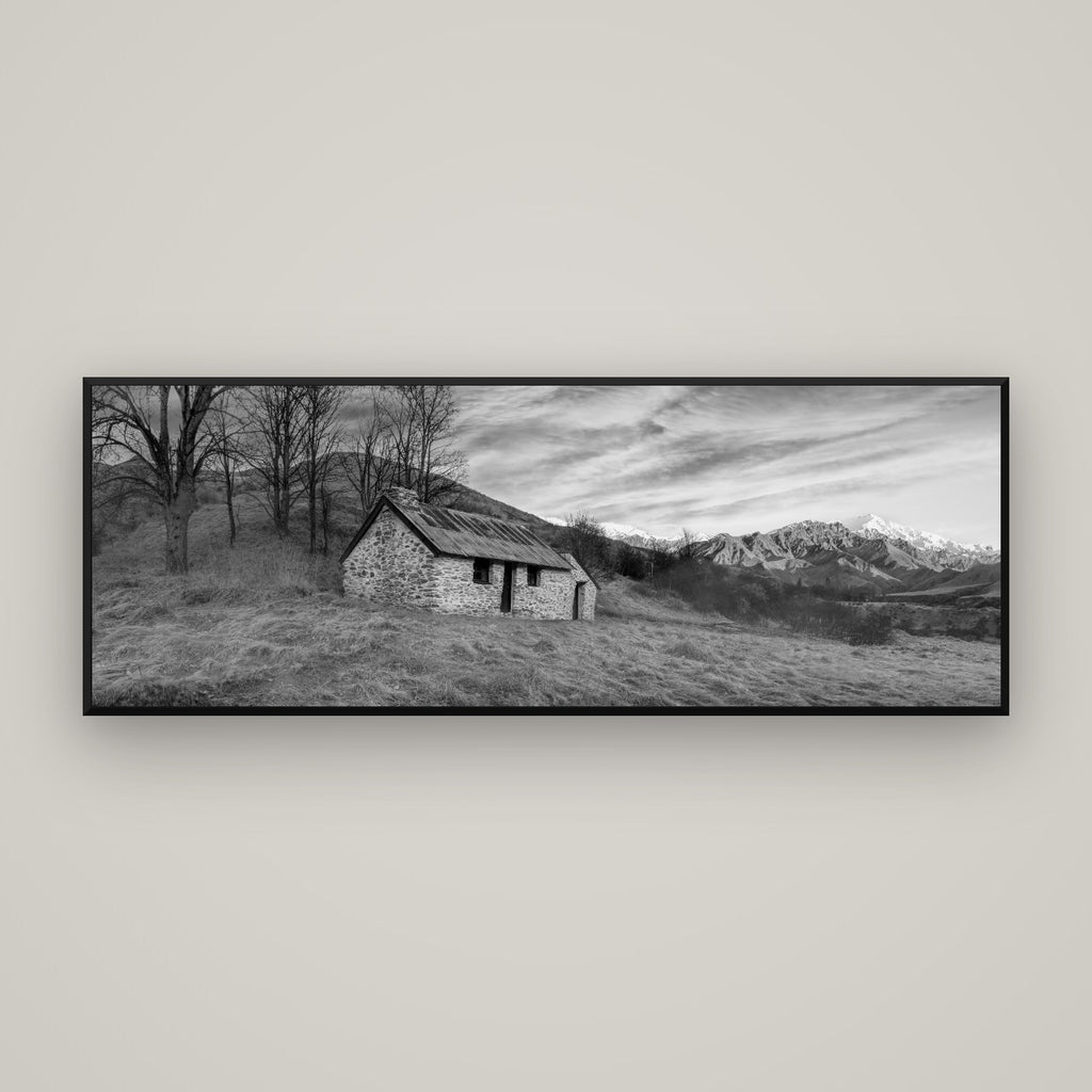 Legacy of the Goldseeker, Needham's Macetown Abode — Basel Black Matte, 170×60 cm. New Zealand fine art wall art by Stephen Milner.