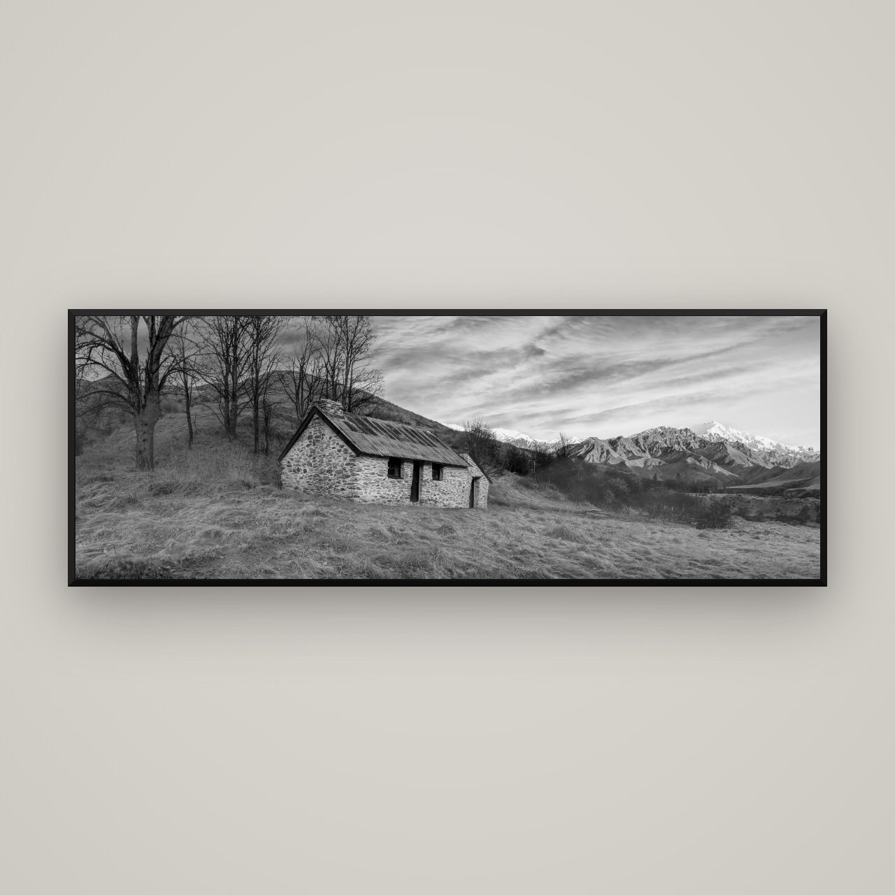 Legacy of the Goldseeker, Needham's Macetown Abode — Basel Black, 170×60 cm. New Zealand fine art wall art by Stephen Milner.