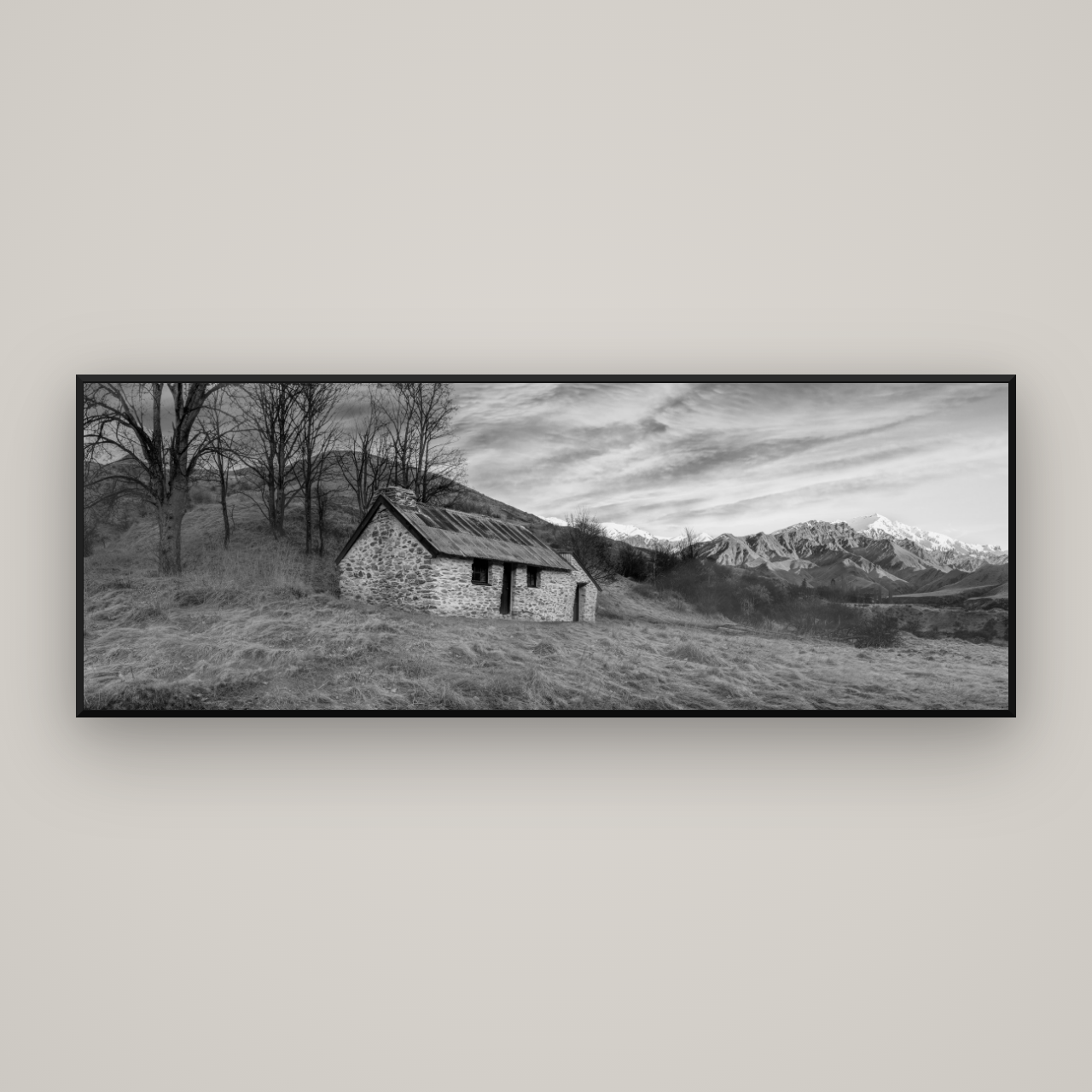 Legacy of the Goldseeker, Needham's Macetown Abode — Basel Black Matte, 198×70 cm. New Zealand fine art wall art by Stephen Milner.