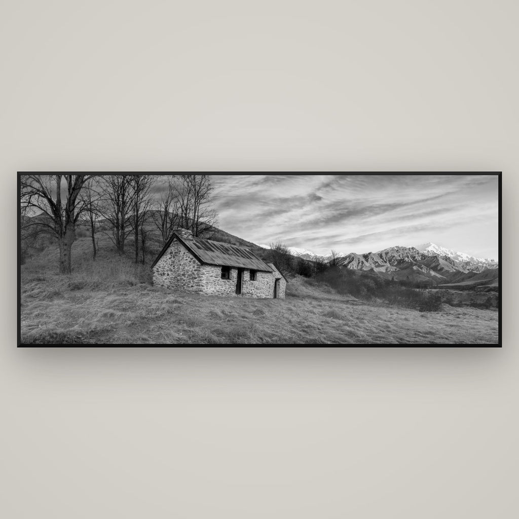 Legacy of the Goldseeker, Needham's Macetown Abode — Basel Black Matte, 198×70 cm. New Zealand fine art wall art by Stephen Milner.