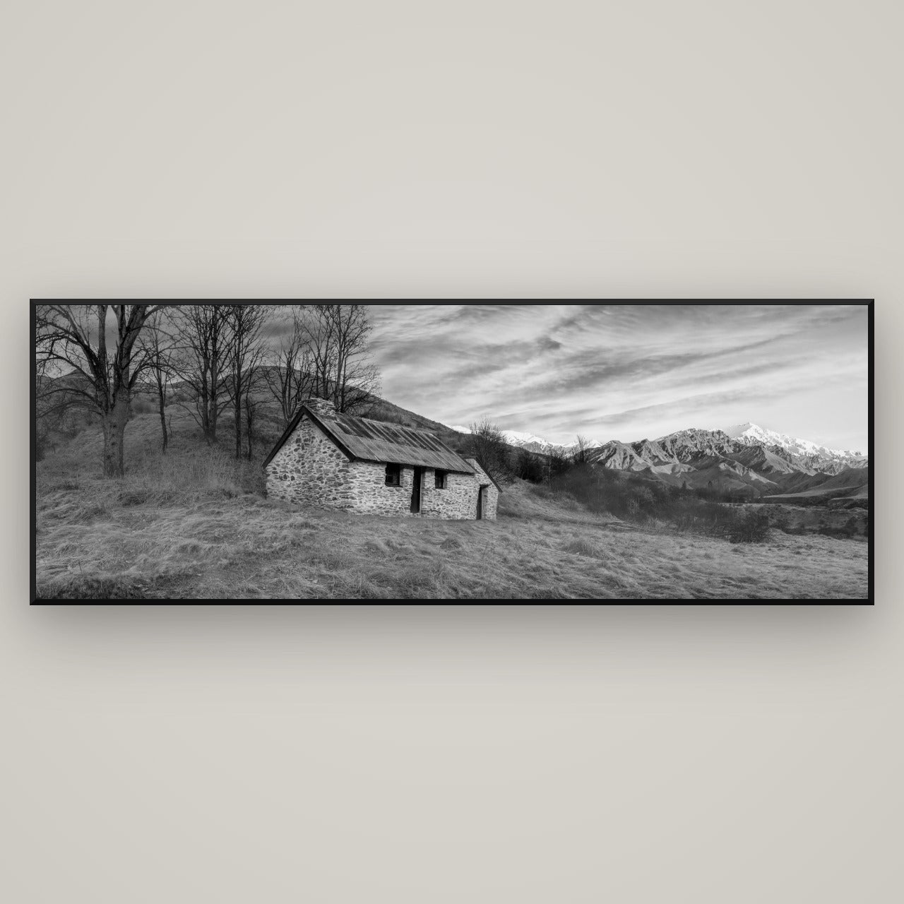 Legacy of the Goldseeker, Needham's Macetown Abode — Basel Black, 198×70 cm. New Zealand fine art wall art by Stephen Milner.