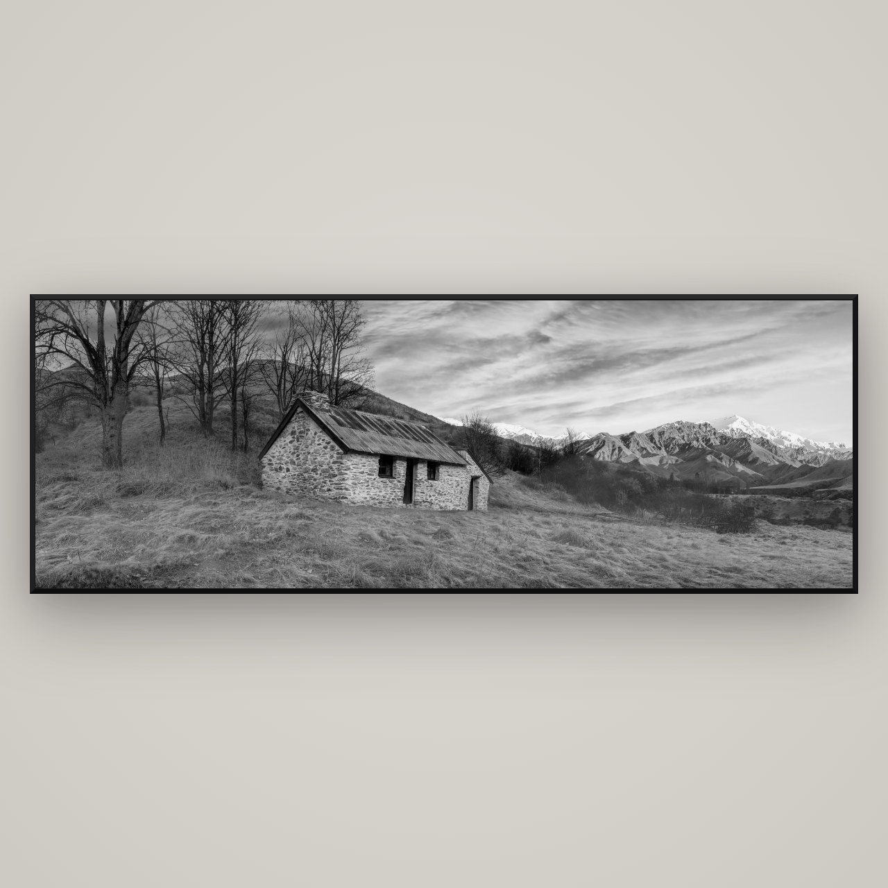 Legacy of the Goldseeker, Needham's Macetown Abode — Basel Black Matte, 227×80 cm. New Zealand fine art wall art by Stephen Milner.