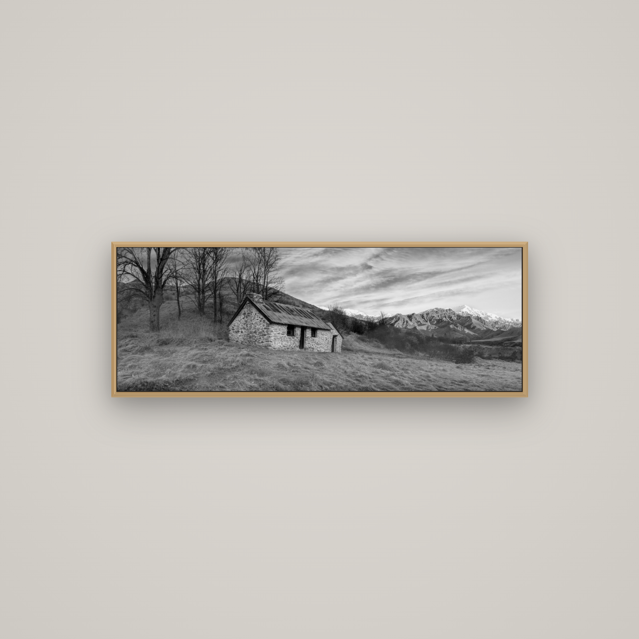 Legacy of the Goldseeker, Needham's Macetown Abode, Basel Natural Oak, 113×40 cm. New Zealand fine art wall art by Stephen Milner.
