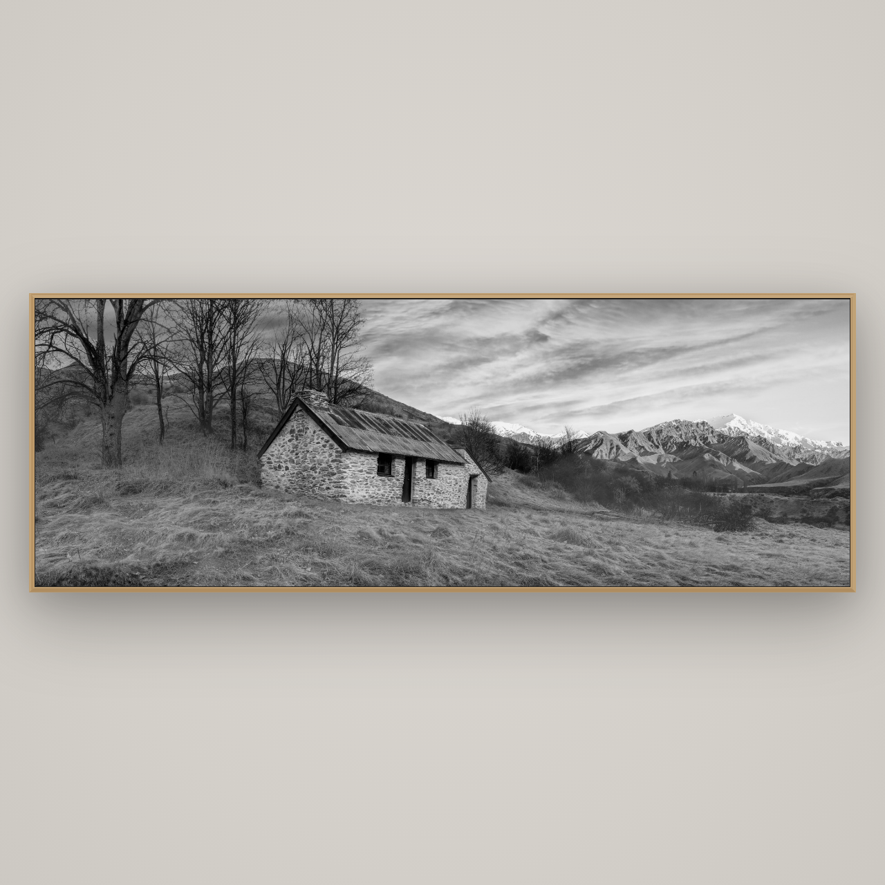 Legacy of the Goldseeker, Needham's Macetown Abode, Basel Natural Oak, 227×80 cm. New Zealand fine art wall art by Stephen Milner.