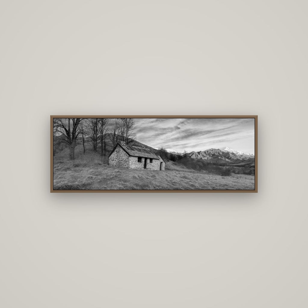 Legacy of the Goldseeker, Needham's Macetown Abode, Basel Walnut, 113×40 cm. New Zealand fine art wall art by Stephen Milner.