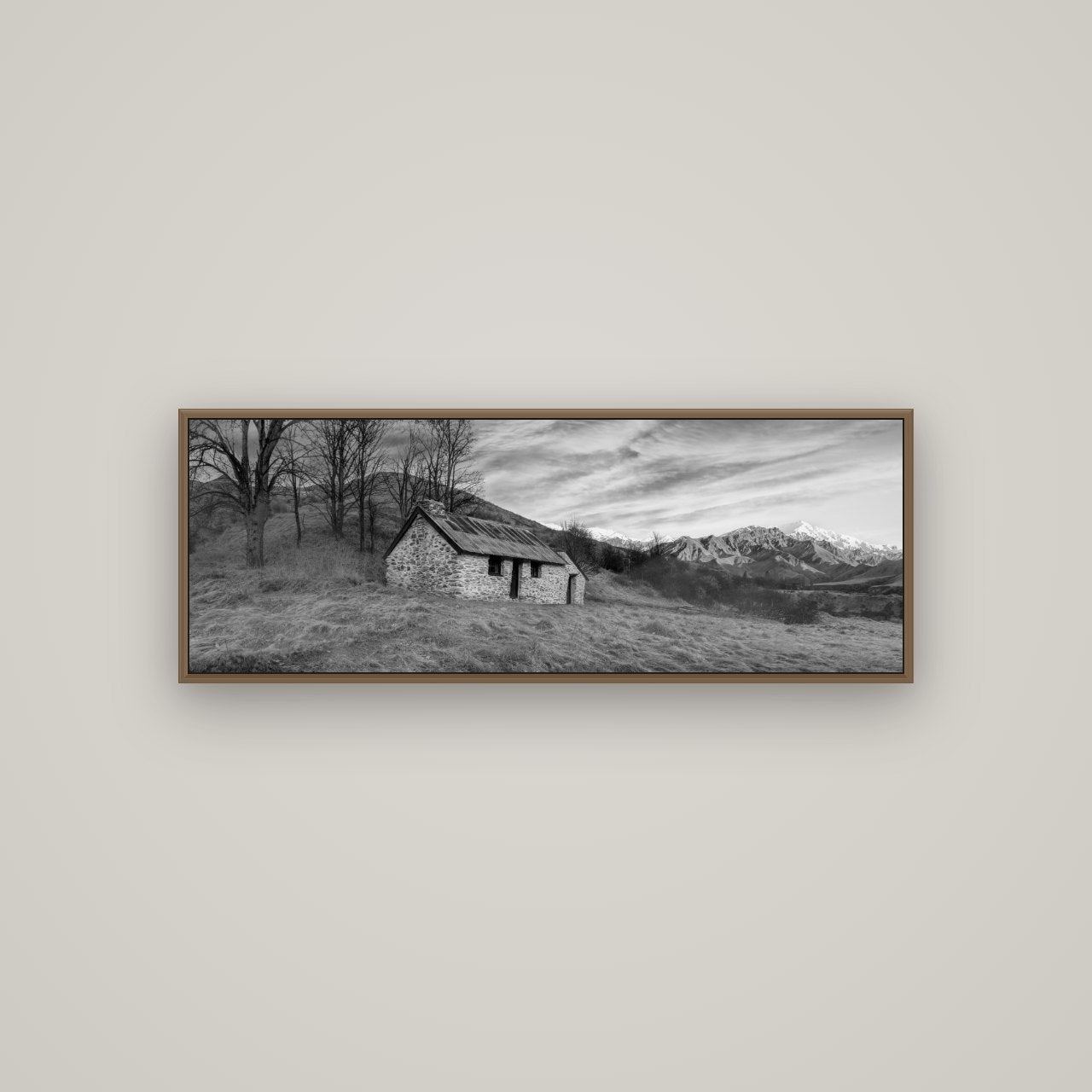 Legacy of the Goldseeker, Needham's Macetown Abode, Basel Walnut, 113×40 cm. New Zealand fine art wall art by Stephen Milner.