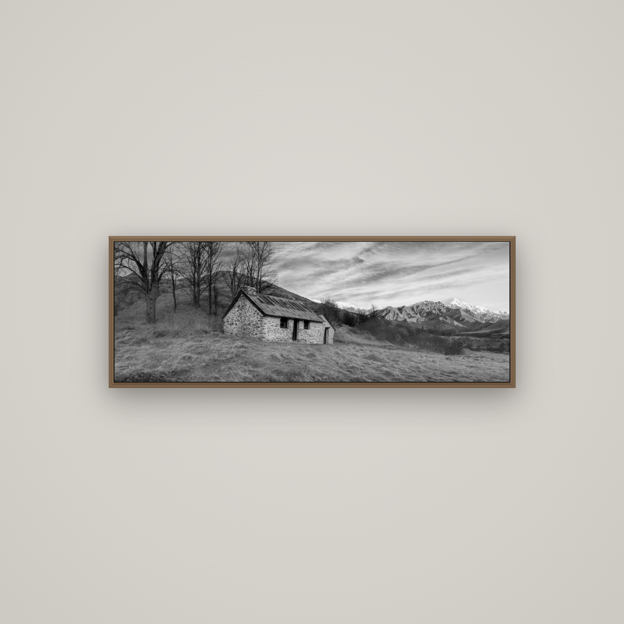 Legacy of the Goldseeker, Needham's Macetown Abode, Basel Walnut, 113×40 cm. New Zealand fine art wall art by Stephen Milner.