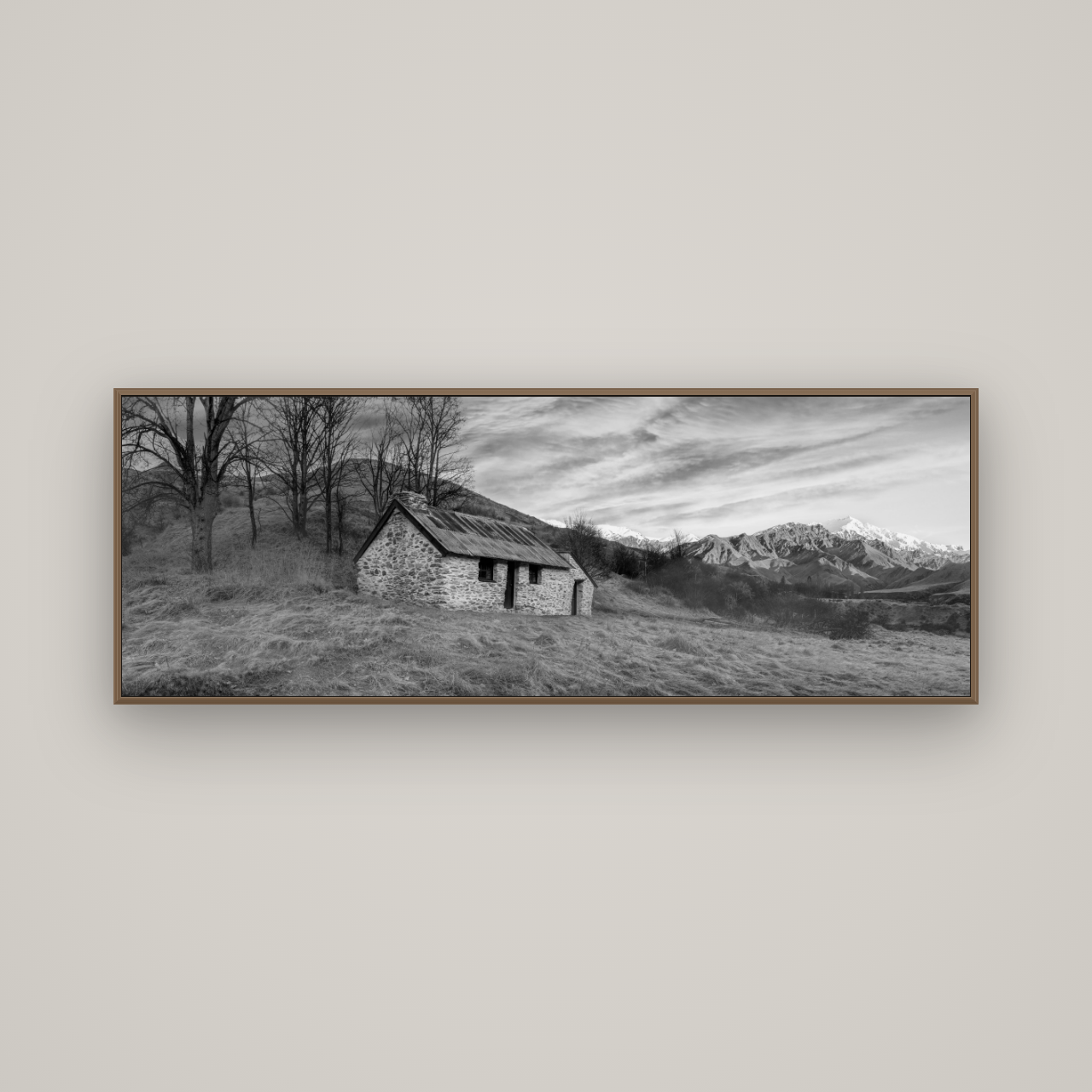 Legacy of the Goldseeker, Needham's Macetown Abode, Basel Walnut, 170×60 cm. New Zealand fine art wall art by Stephen Milner.