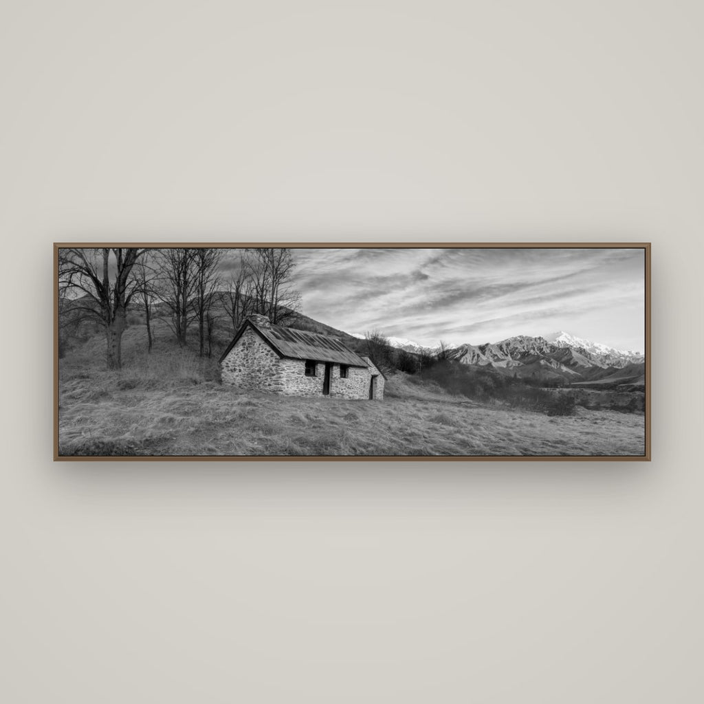 Legacy of the Goldseeker, Needham's Macetown Abode, Basel Walnut, 170×60 cm. New Zealand fine art wall art by Stephen Milner.