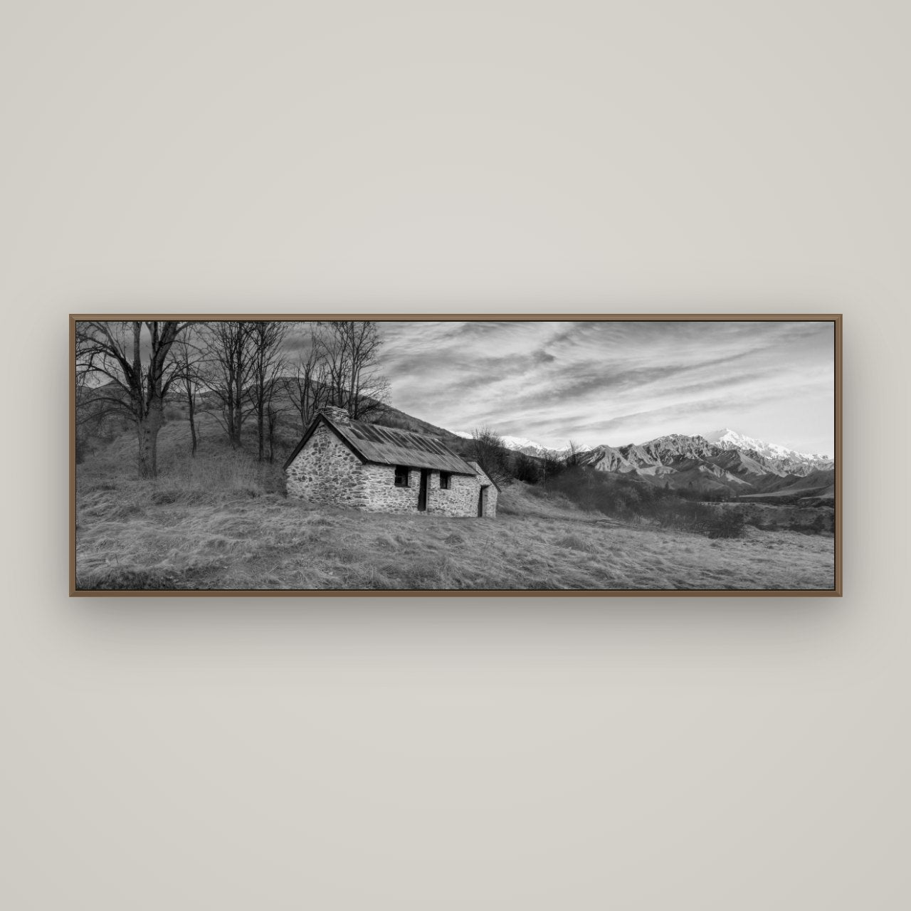 Legacy of the Goldseeker, Needham's Macetown Abode, Basel Walnut, 170×60 cm. New Zealand fine art wall art by Stephen Milner.