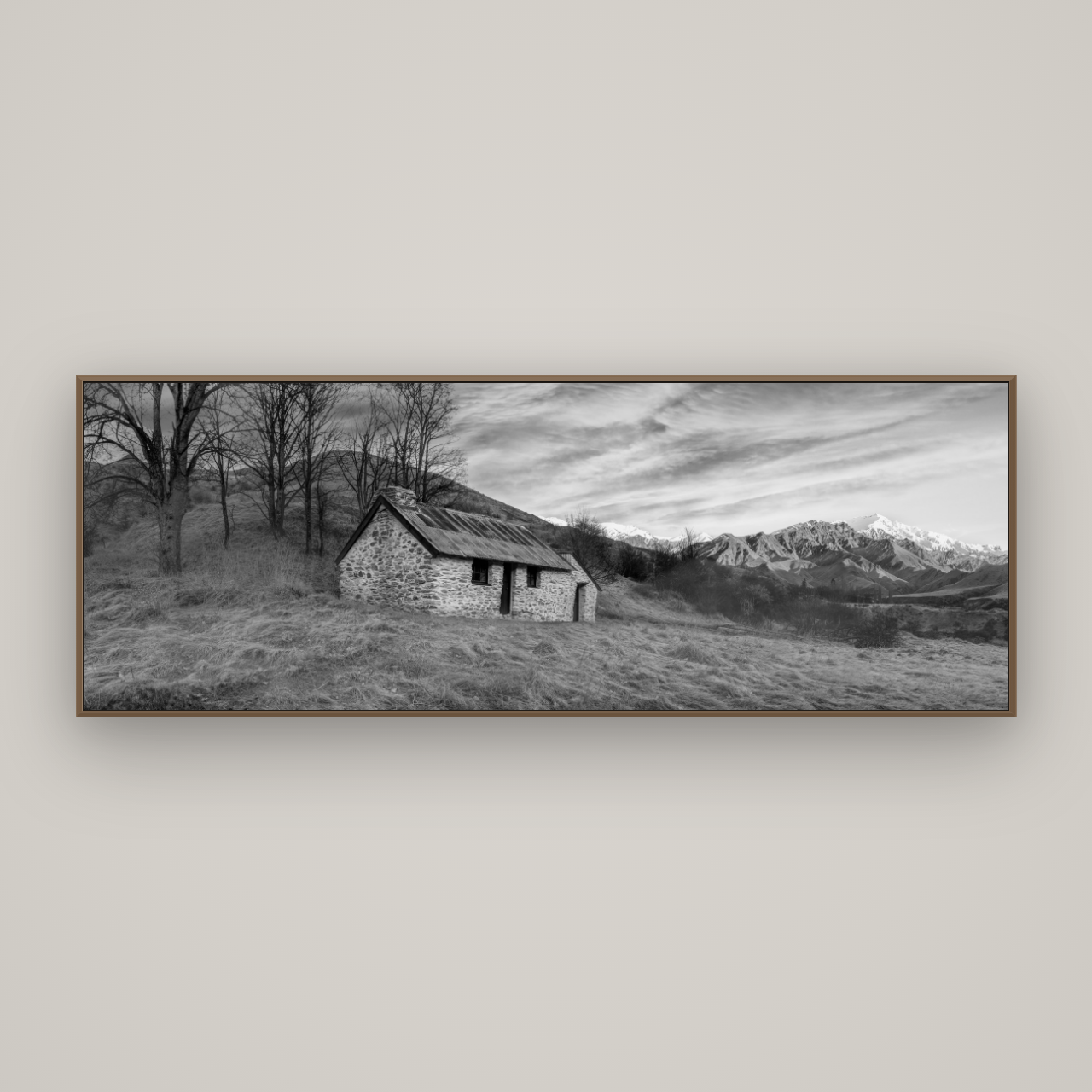 Legacy of the Goldseeker, Needham's Macetown Abode, Basel Walnut, 198×70 cm. New Zealand fine art wall art by Stephen Milner.