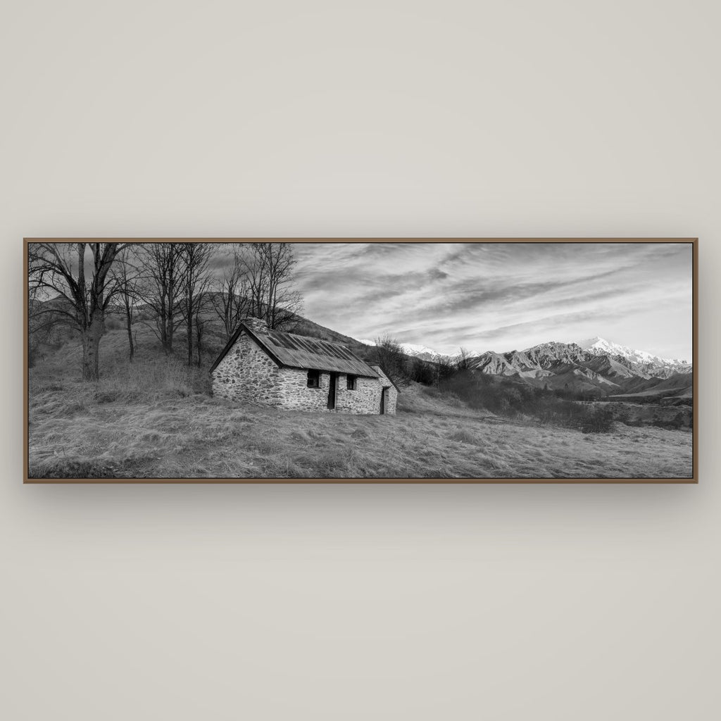 Legacy of the Goldseeker, Needham's Macetown Abode, Basel Walnut, 198×70 cm. New Zealand fine art wall art by Stephen Milner.