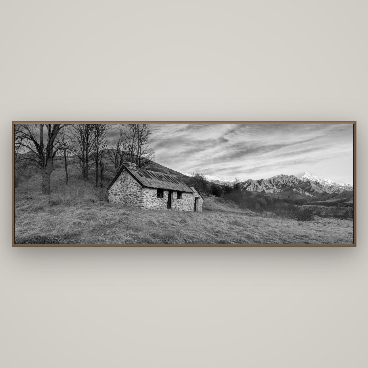 Legacy of the Goldseeker, Needham's Macetown Abode, Basel Walnut, 198×70 cm. New Zealand fine art wall art by Stephen Milner.
