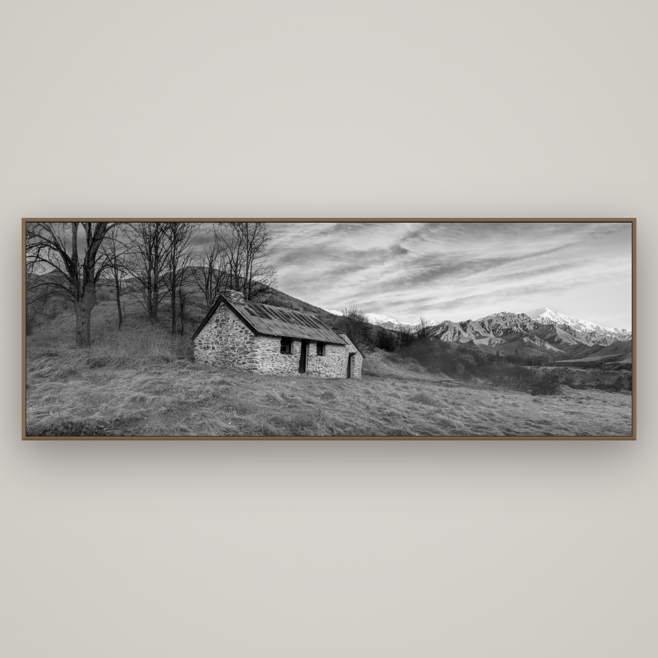 Legacy of the Goldseeker, Needham's Macetown Abode, Basel Walnut, 227×80 cm. New Zealand fine art wall art by Stephen Milner.