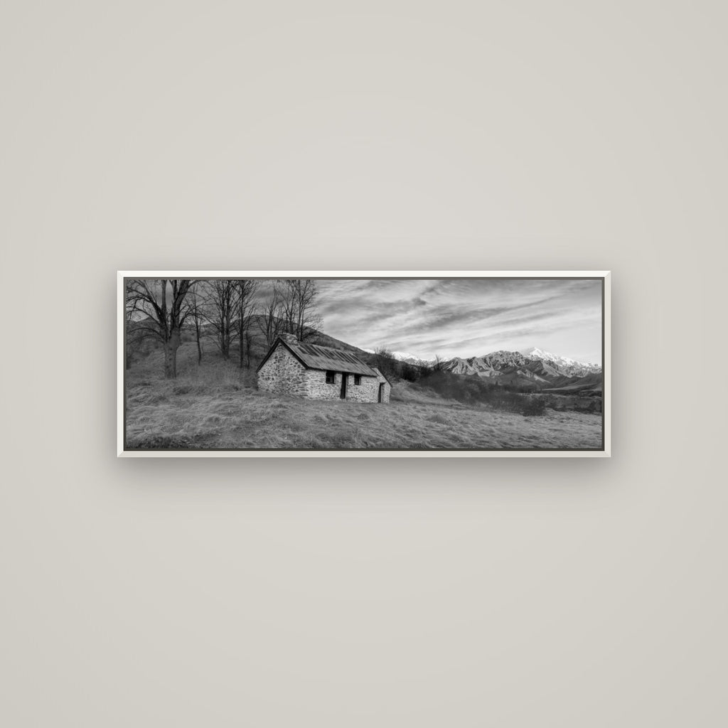 Legacy of the Goldseeker, Needham's Macetown Abode — Basel White, 113×40 cm. New Zealand fine art wall art by Stephen Milner.