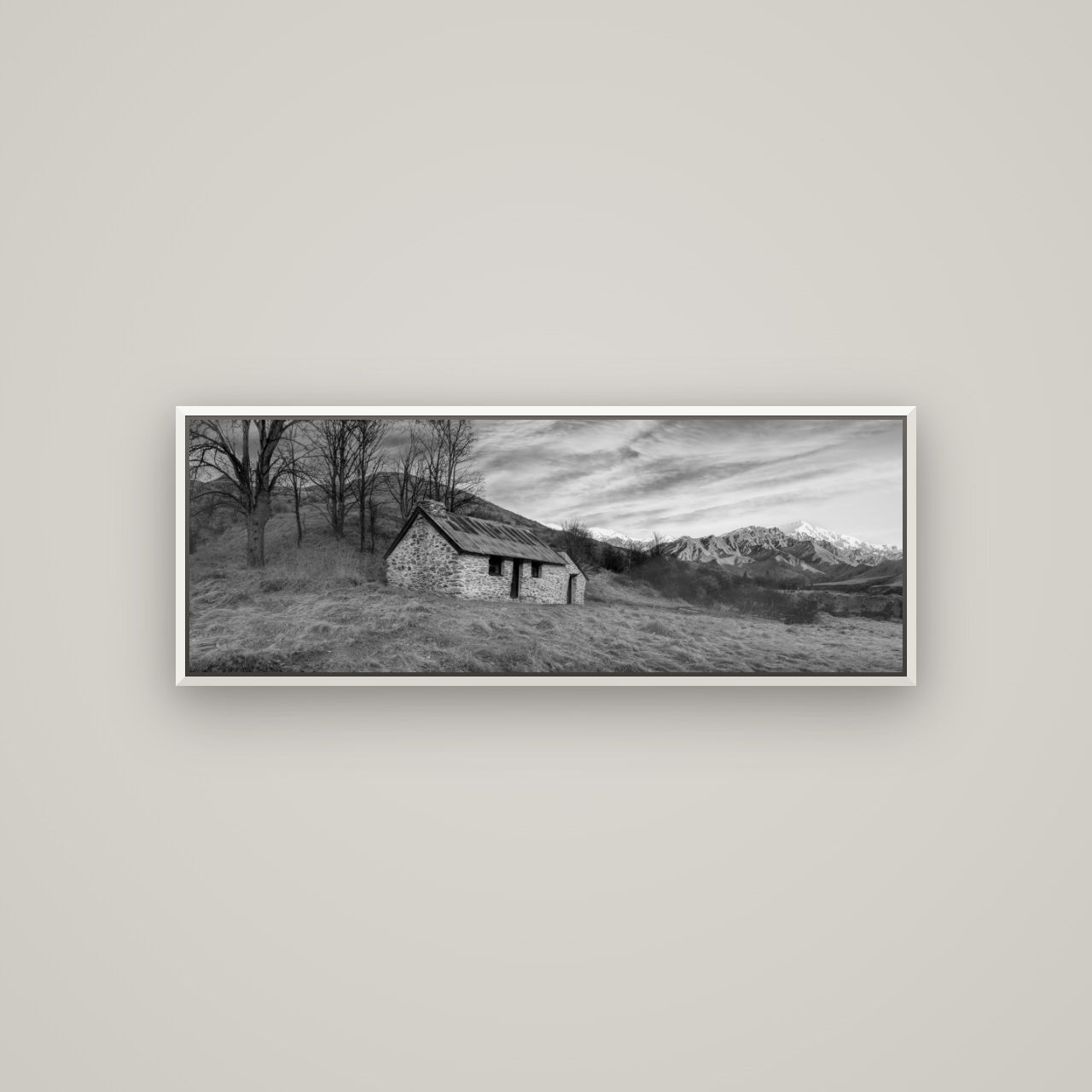 Legacy of the Goldseeker, Needham's Macetown Abode — Basel White, 113×40 cm. New Zealand fine art wall art by Stephen Milner.