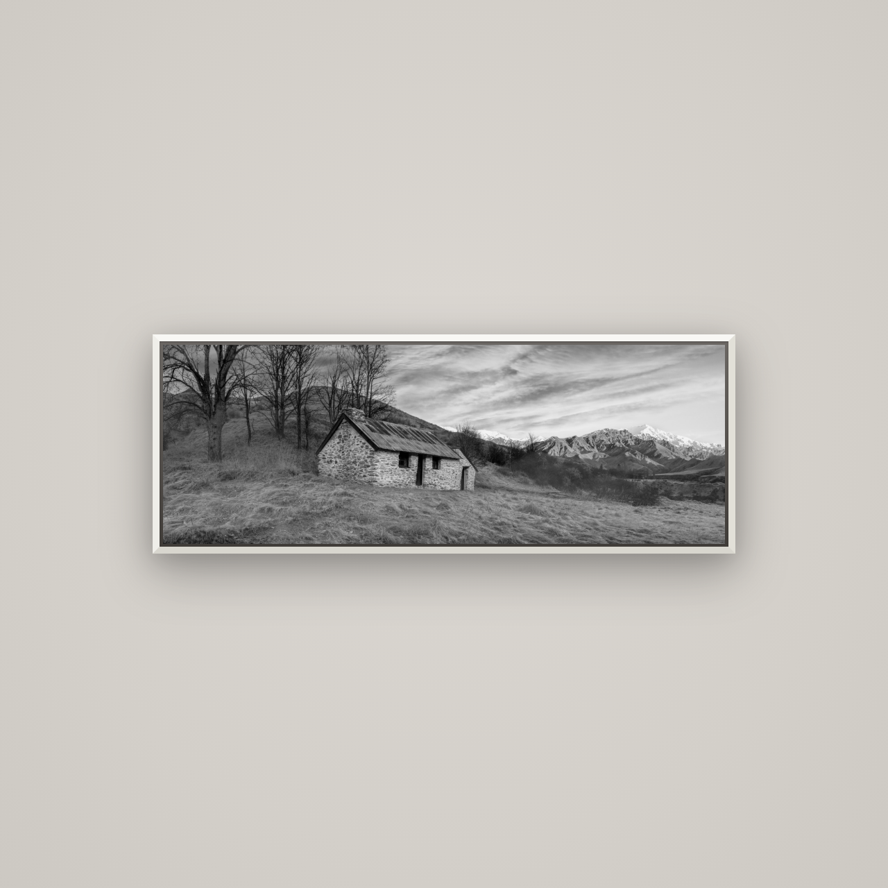 Legacy of the Goldseeker, Needham's Macetown Abode — Basel White, 113×40 cm. New Zealand fine art wall art by Stephen Milner.