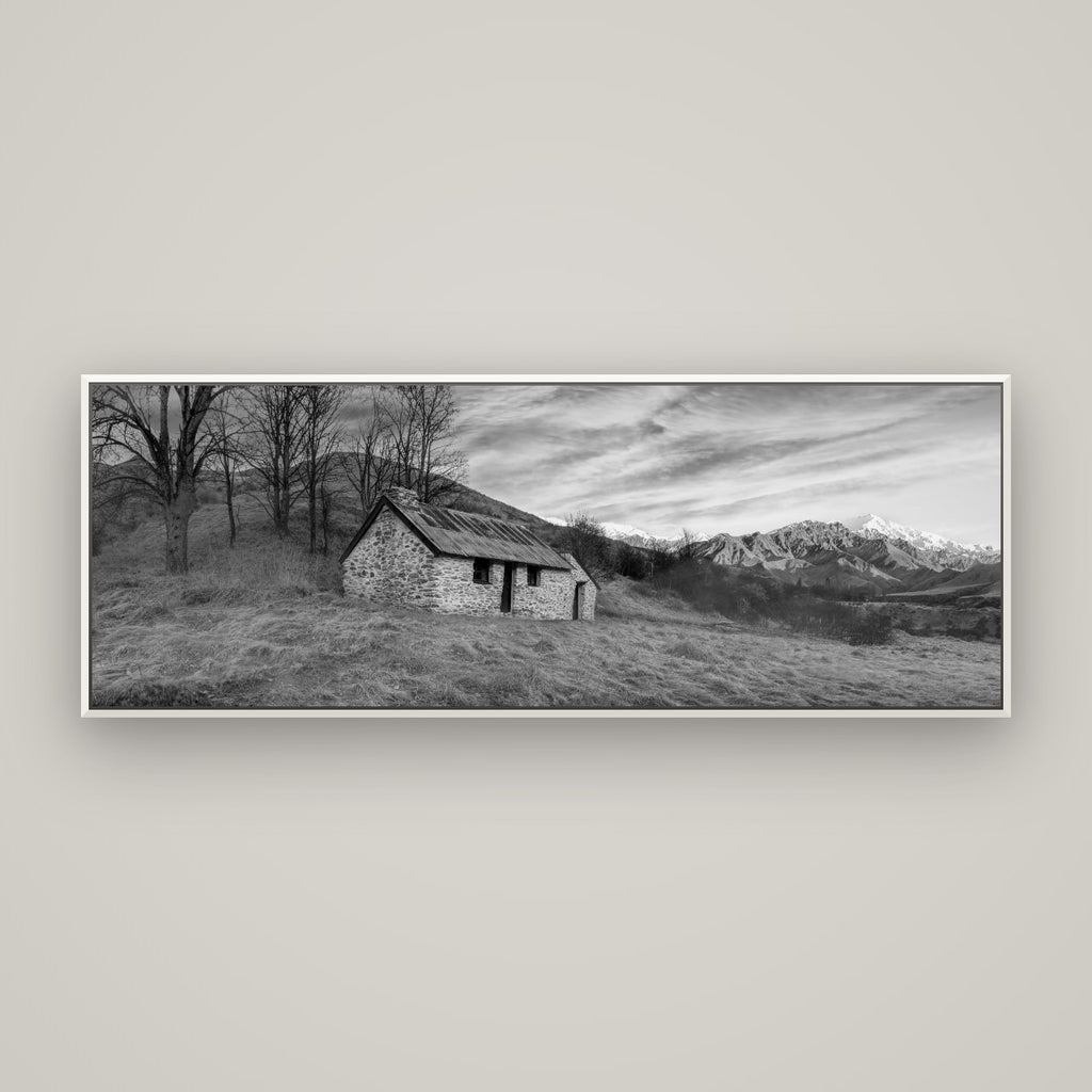 Legacy of the Goldseeker, Needham's Macetown Abode — Basel White, 170×60 cm. New Zealand fine art wall art by Stephen Milner.
