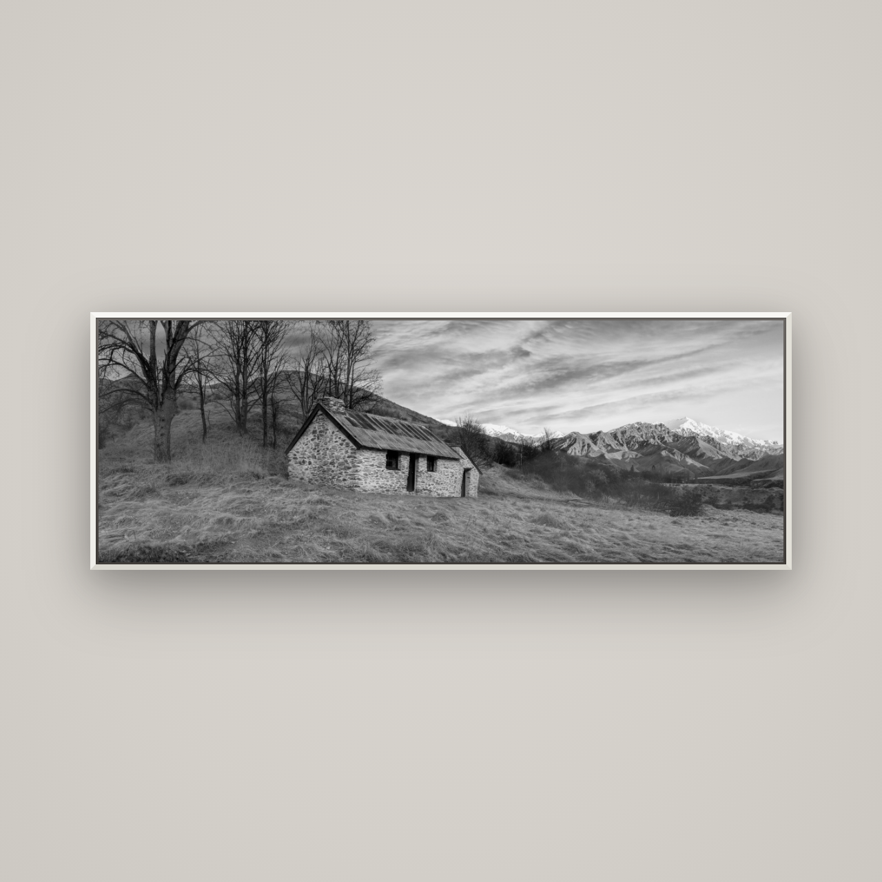 Legacy of the Goldseeker, Needham's Macetown Abode — Basel White, 170×60 cm. New Zealand fine art wall art by Stephen Milner.