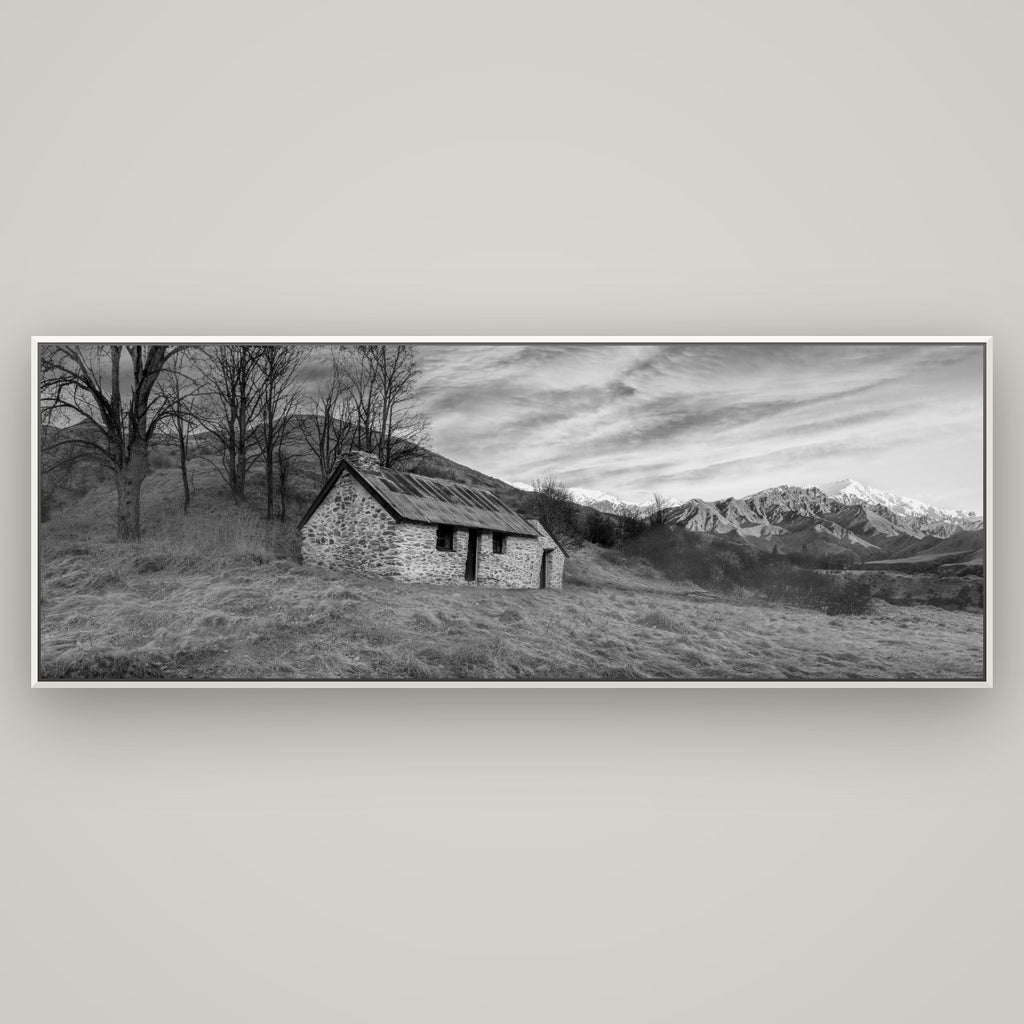 Legacy of the Goldseeker, Needham's Macetown Abode — Basel White, 198×70 cm. New Zealand fine art wall art by Stephen Milner.