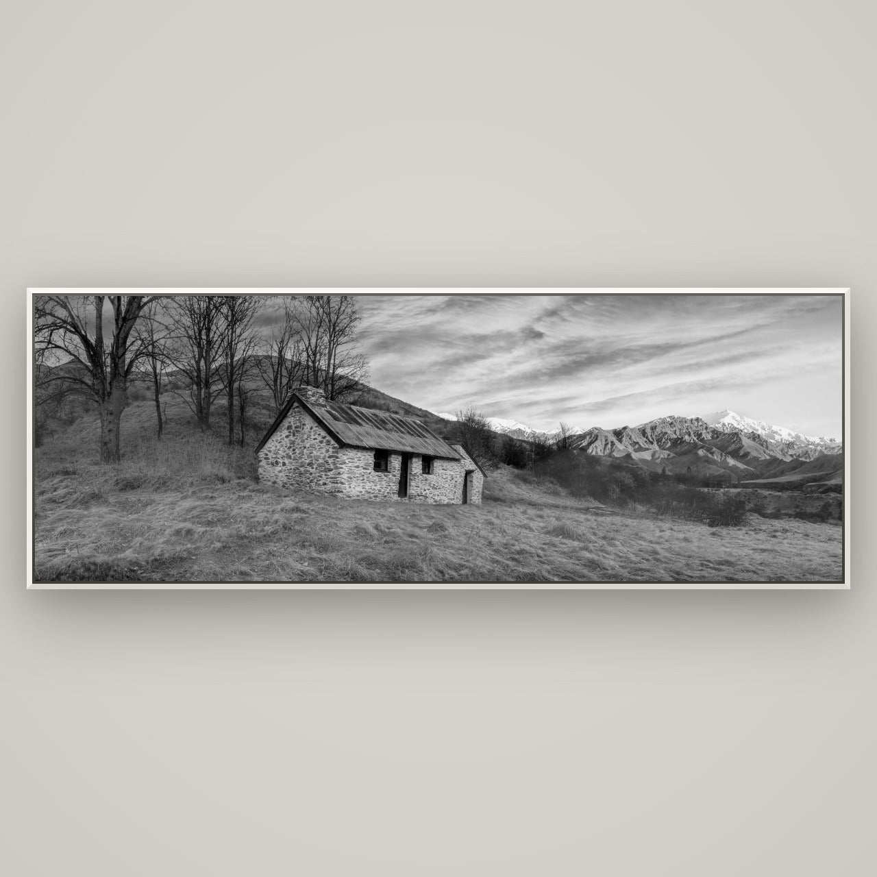 Legacy of the Goldseeker, Needham's Macetown Abode — Basel White, 198×70 cm. New Zealand fine art wall art by Stephen Milner.