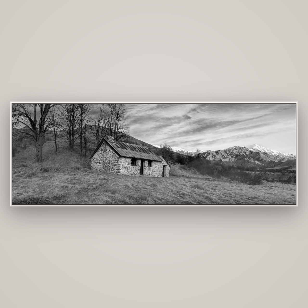Legacy of the Goldseeker, Needham's Macetown Abode — Basel White, 227×80 cm. New Zealand fine art wall art by Stephen Milner.