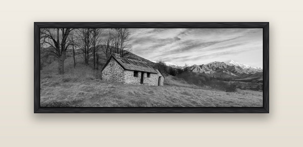 Legacy of the Goldseeker, Needham's Macetown Abode — black float frame canvas, 152 × 56 cm. New Zealand fine art landscape wall art by Stephen Milner.