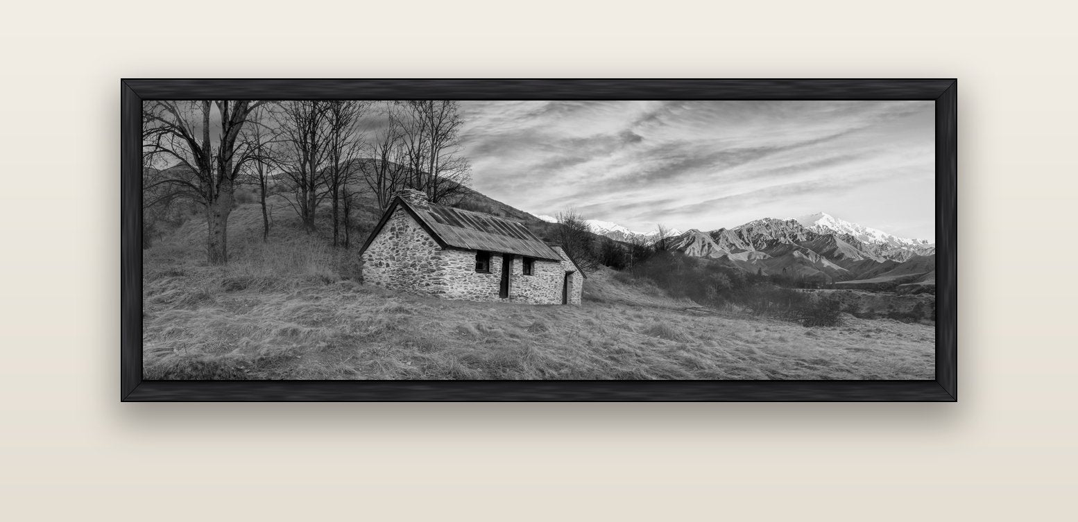 Legacy of the Goldseeker, Needham's Macetown Abode — black float frame canvas, 152 × 56 cm. New Zealand fine art landscape wall art by Stephen Milner.