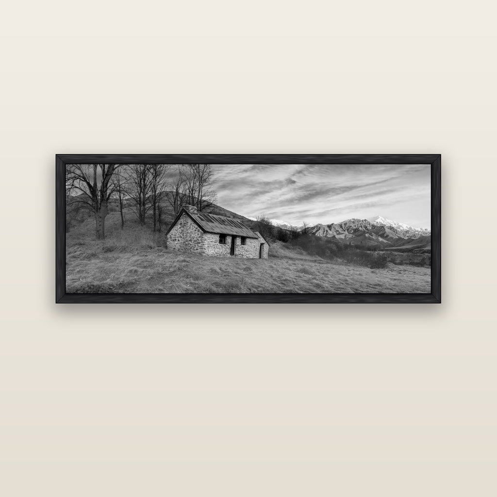 Legacy of the Goldseeker, Needham's Macetown Abode — black float frame canvas, 152 × 56 cm. New Zealand fine art landscape wall art by Stephen Milner.
