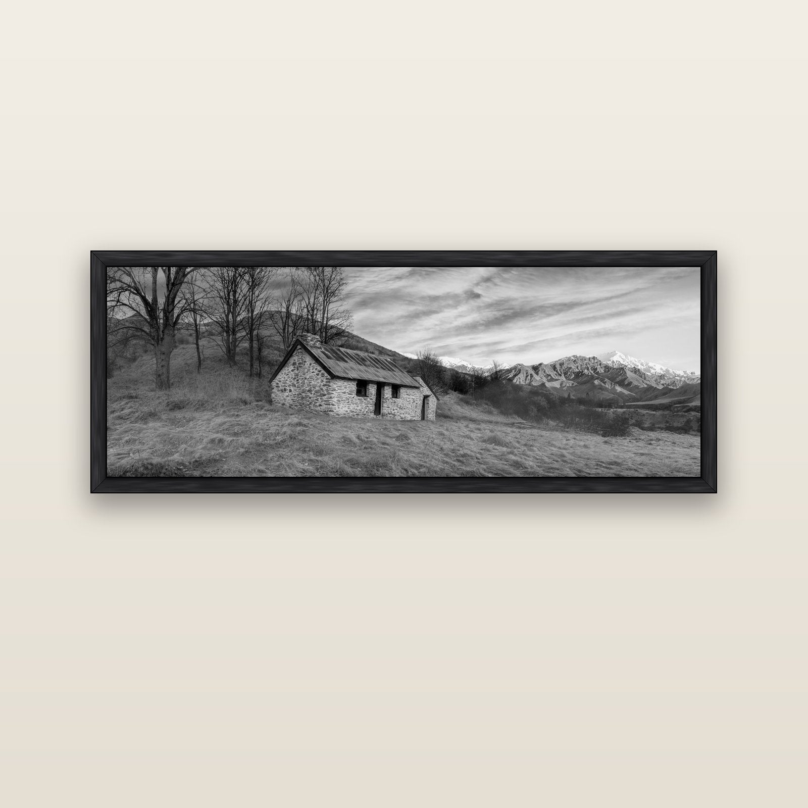 Legacy of the Goldseeker, Needham's Macetown Abode — black float frame canvas, 152 × 56 cm. New Zealand fine art landscape wall art by Stephen Milner.