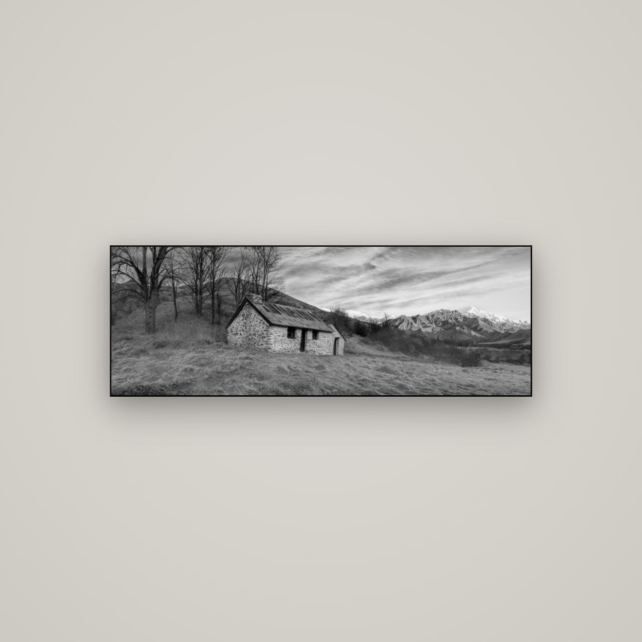 Legacy of the Goldseeker, Needham's Macetown Abode — Slimline Black, 113×40 cm. New Zealand fine art wall art by Stephen Milner.