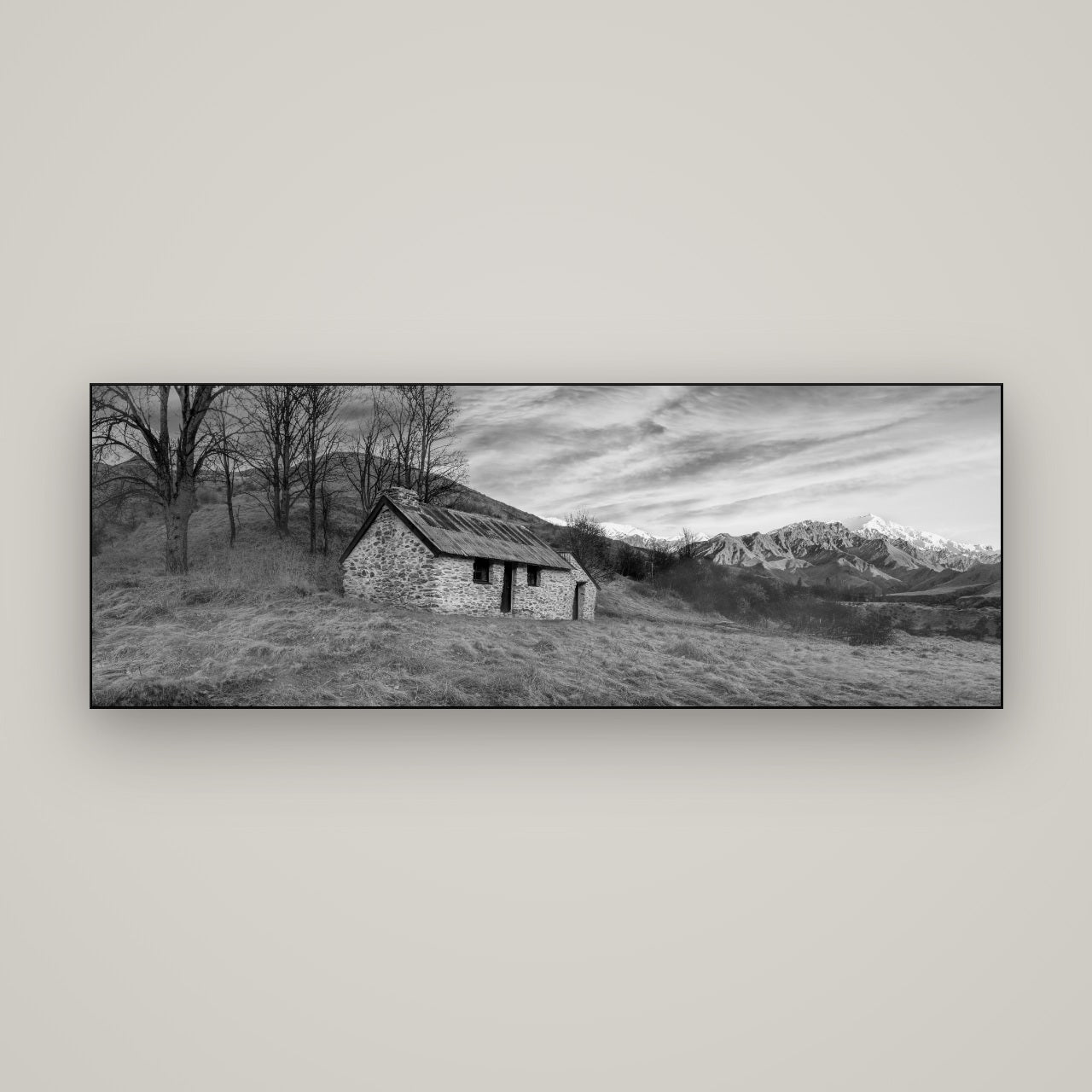 Legacy of the Goldseeker, Needham's Macetown Abode — Slimline Black, 170×60 cm. New Zealand fine art wall art by Stephen Milner.