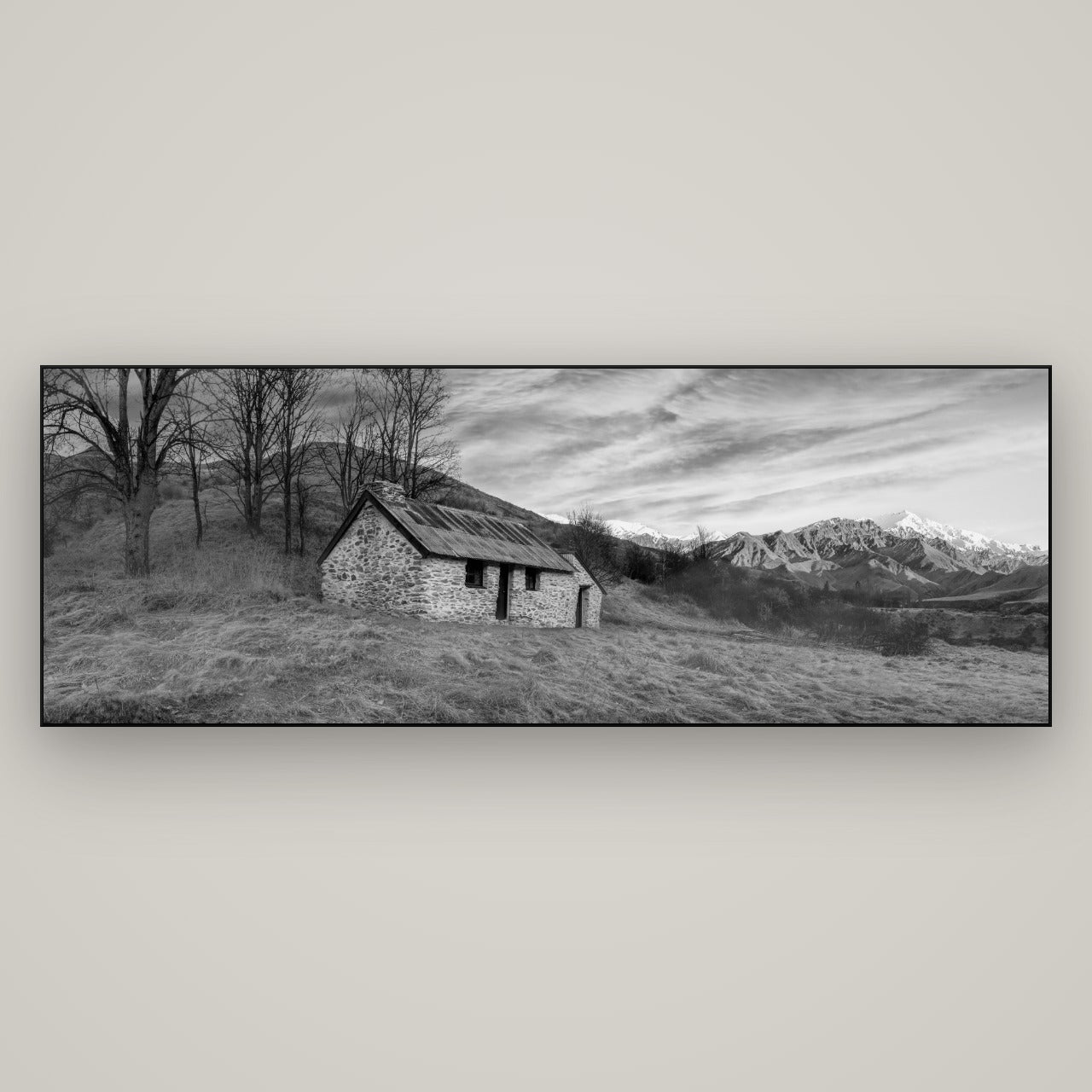 Legacy of the Goldseeker, Needham's Macetown Abode — Slimline Black, 198×70 cm. New Zealand fine art wall art by Stephen Milner.
