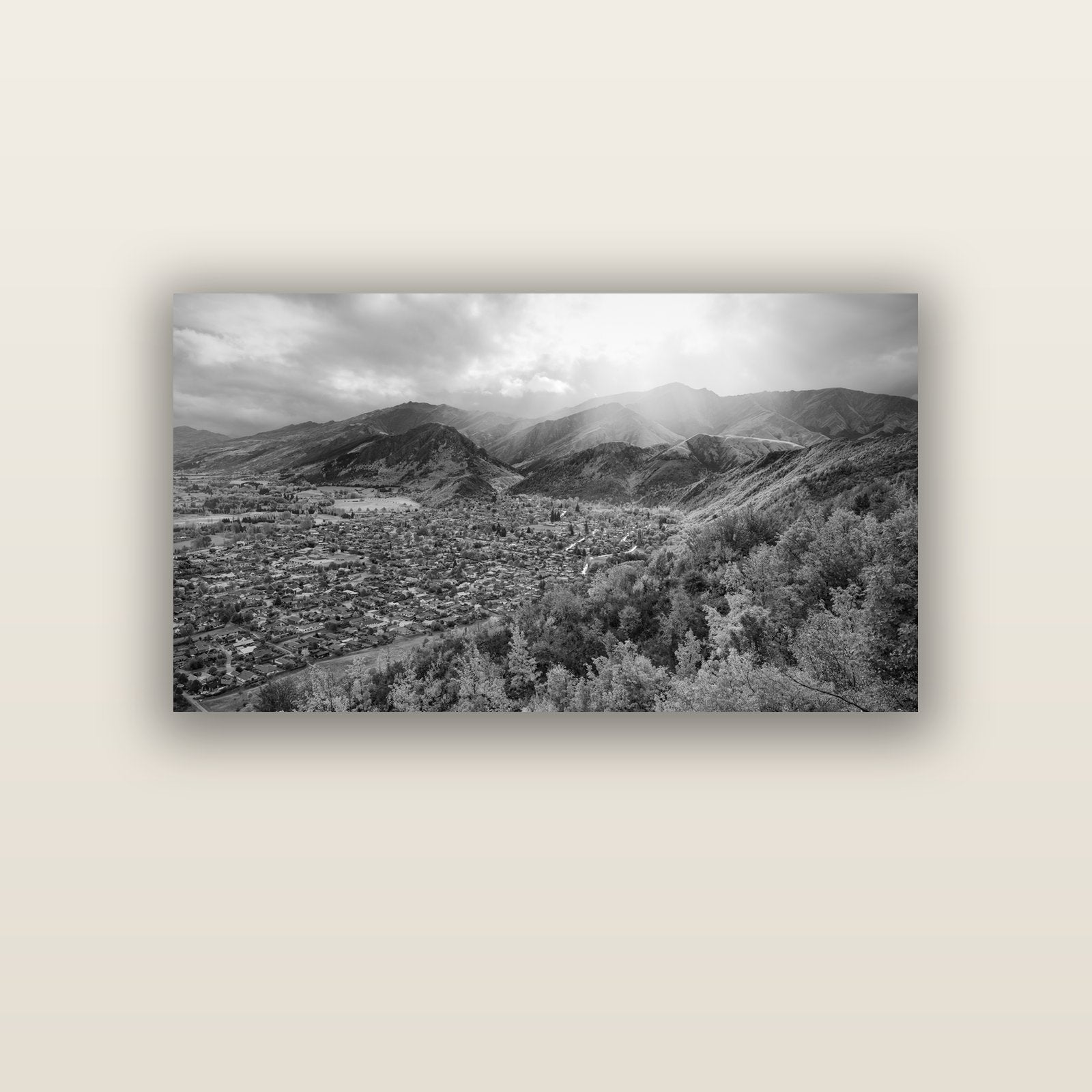 Light Over the Valley, Arrowtown — acrylic glass print, 122 × 61 cm. New Zealand fine art landscape wall art by Stephen Milner.