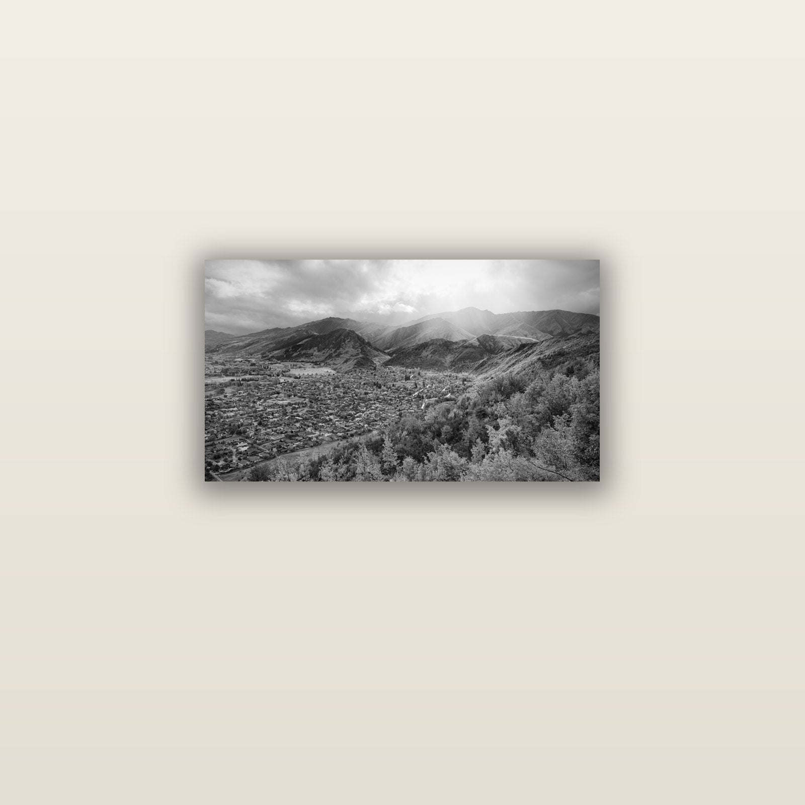 Light Over the Valley, Arrowtown — acrylic glass print, 61 × 30 cm. New Zealand fine art landscape wall art by Stephen Milner.
