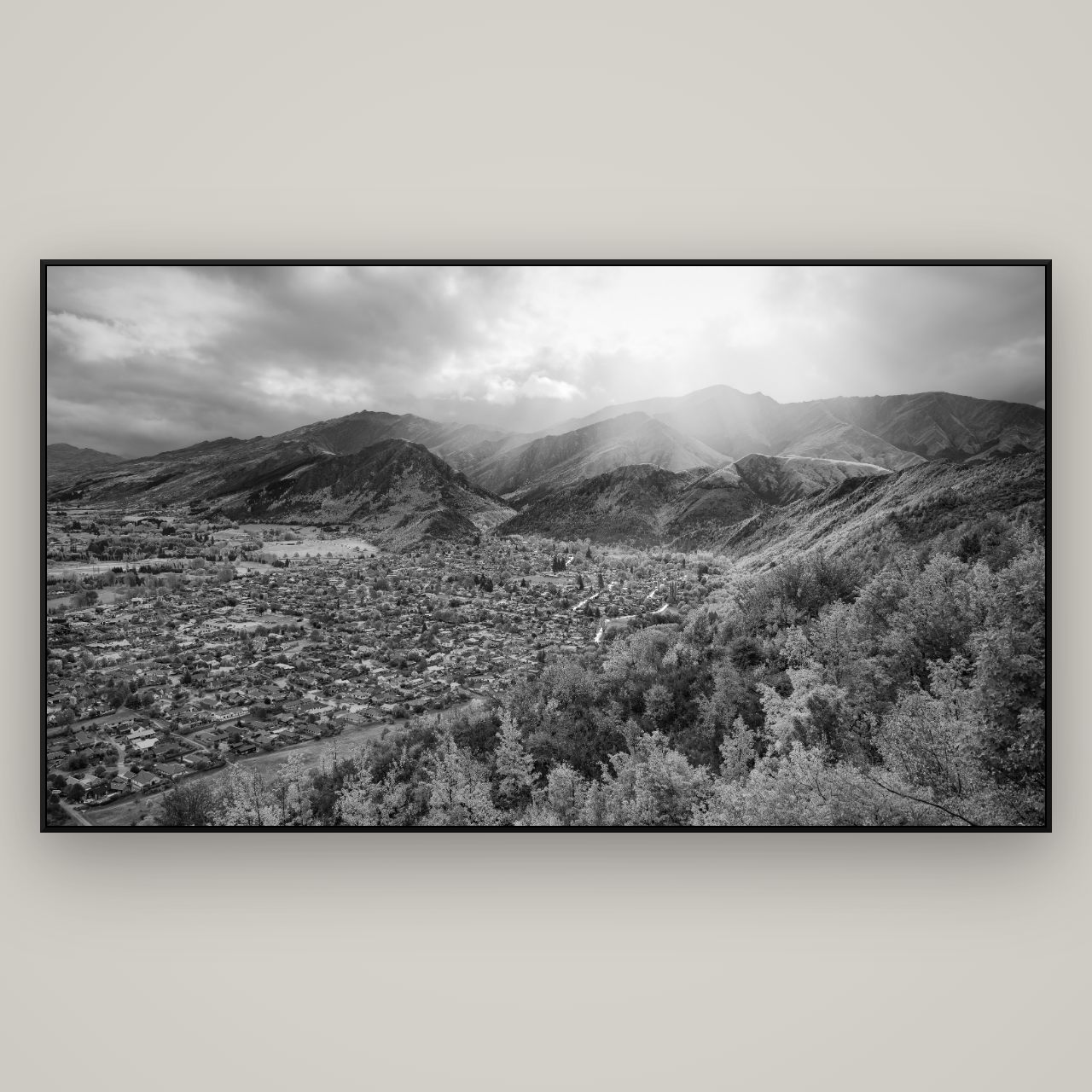 Light Over the Valley, Arrowtown — ArtBox Black, 196×110 cm. New Zealand fine art wall art by Stephen Milner.