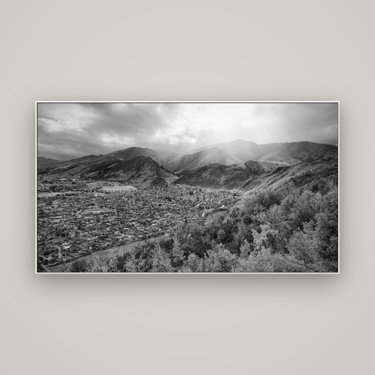 Light Over the Valley, Arrowtown — ArtBox White, 160×90 cm. New Zealand fine art wall art by Stephen Milner.
