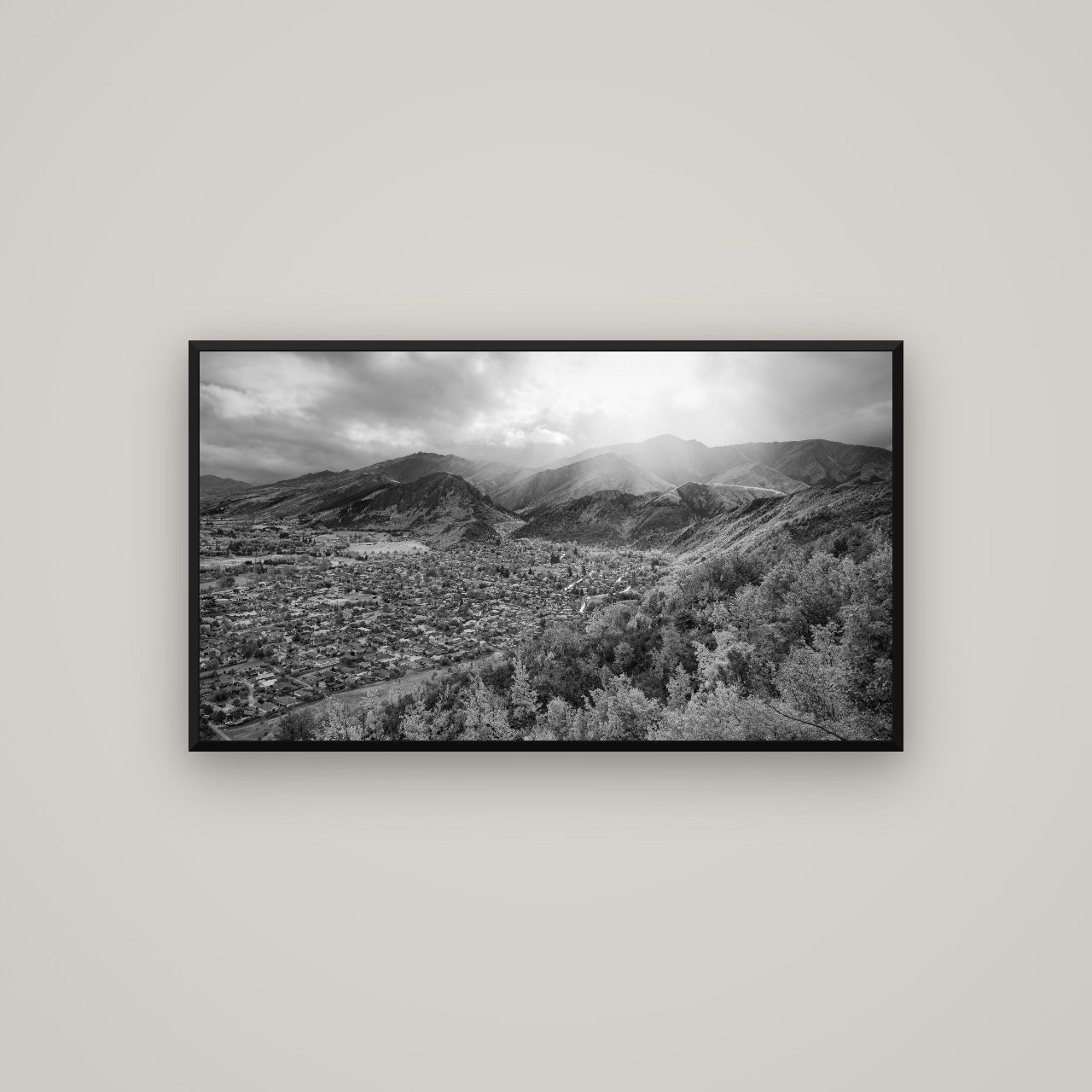 Light Over the Valley, Arrowtown — Basel Black, 107×60 cm. New Zealand fine art wall art by Stephen Milner.