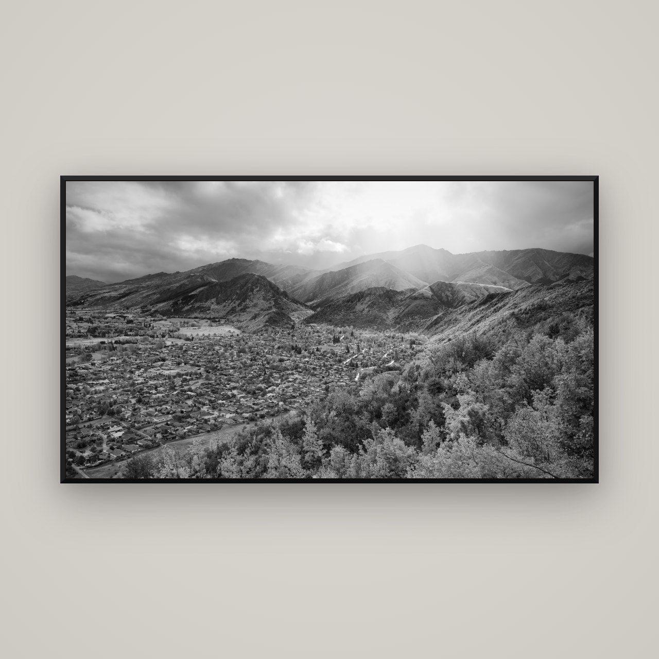 Light Over the Valley, Arrowtown — Basel Black, 160×90 cm. New Zealand fine art wall art by Stephen Milner.