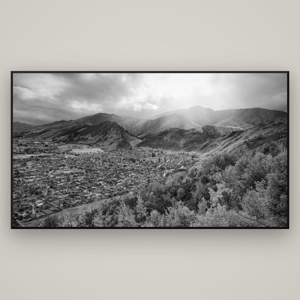 Light Over the Valley, Arrowtown — Basel Black Matte, 196×110 cm. New Zealand fine art wall art by Stephen Milner.