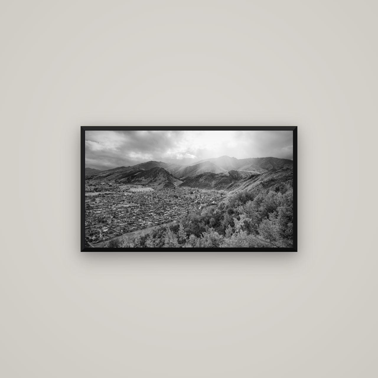 Light Over the Valley, Arrowtown — Basel Black Matte, 80×45 cm. New Zealand fine art wall art by Stephen Milner.