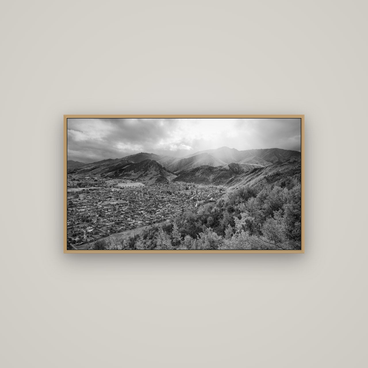 Light Over the Valley, Arrowtown, Basel Natural Oak, 107×60 cm. New Zealand fine art wall art by Stephen Milner.
