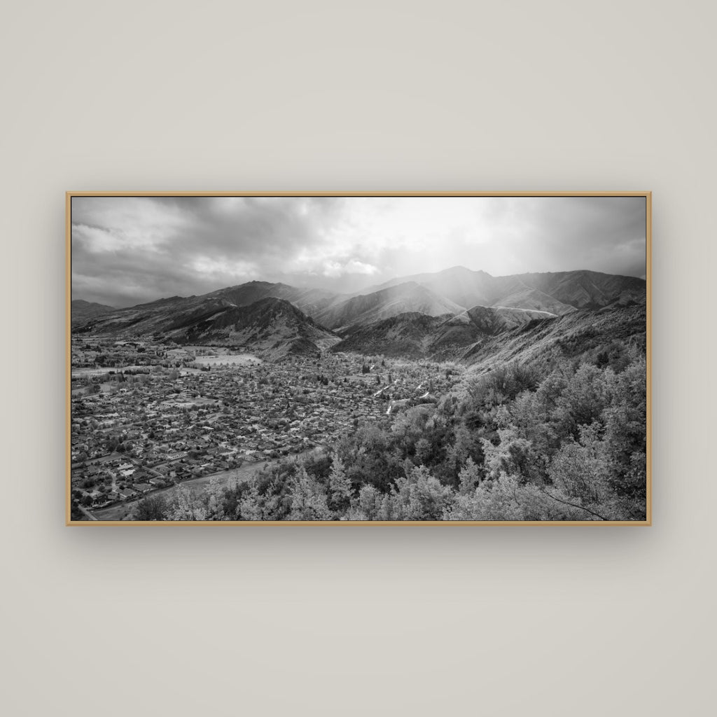 Light Over the Valley, Arrowtown, Basel Natural Oak, 160×90 cm. New Zealand fine art wall art by Stephen Milner.
